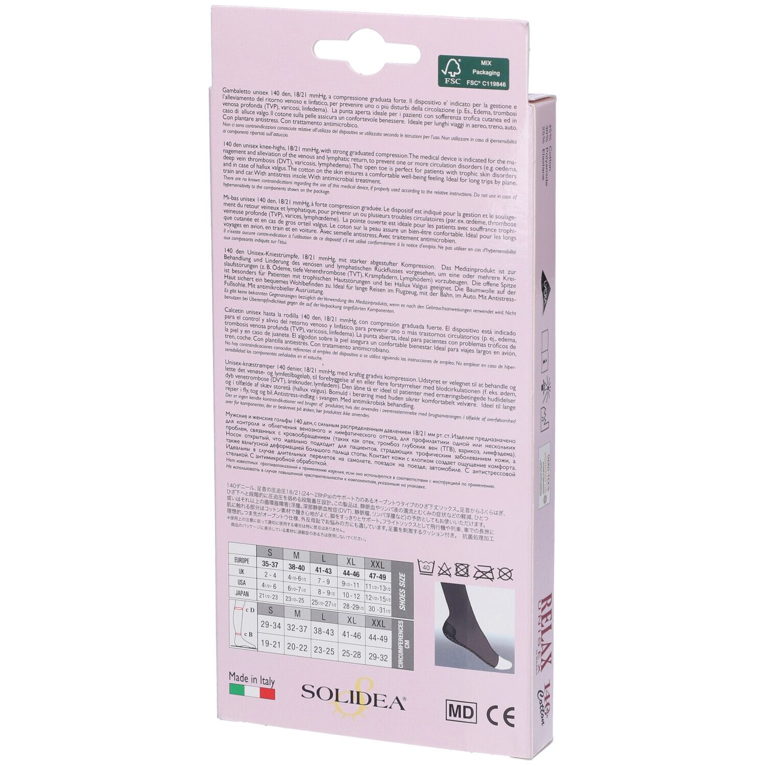 Retro confezione Relax Unisex 14G Cotton. Testo multilingue. Informazioni taglie. Marchio CE.