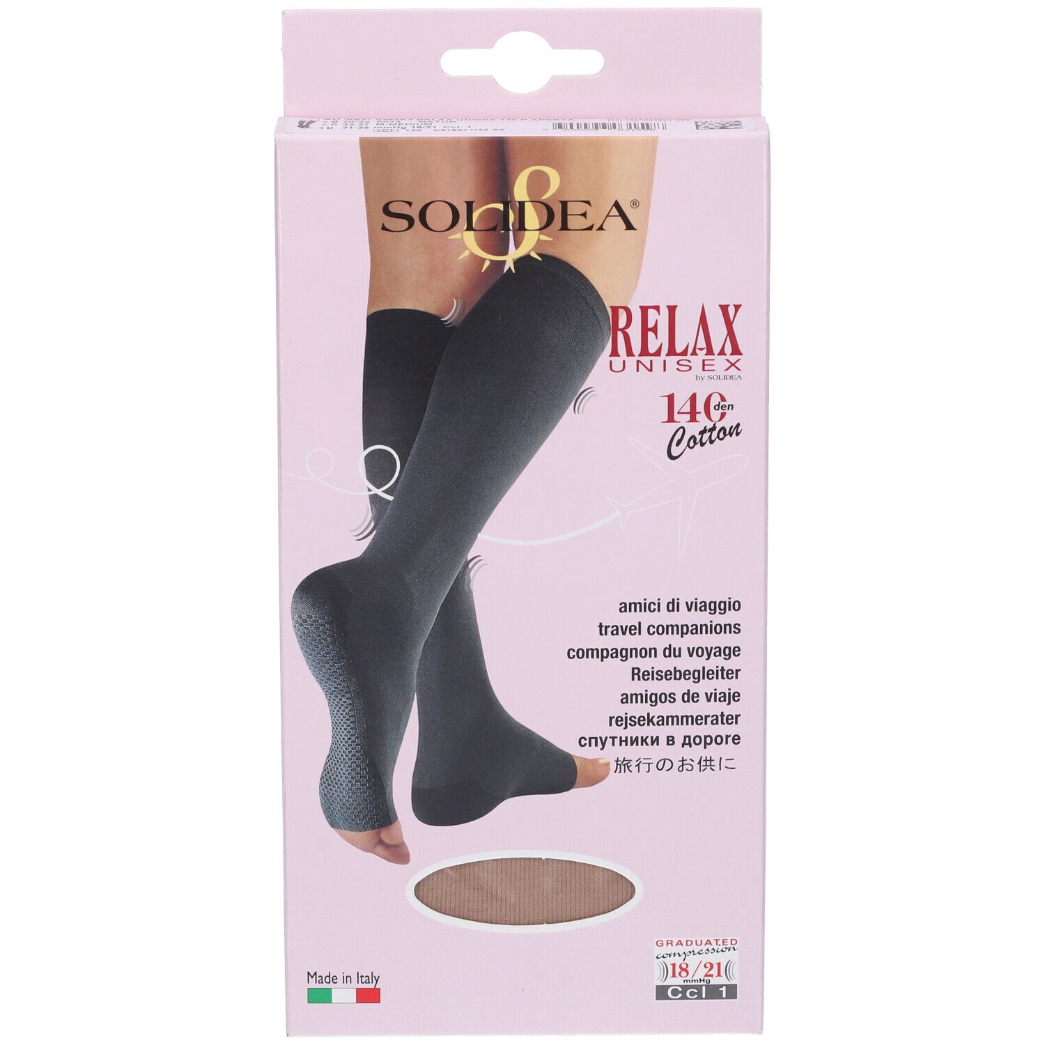 Confezione Relax Unisex 14G Cotton Punta Aperta Natur 2 M. Marchio Solidea. Immagine prodotto. Bandiera italiana.