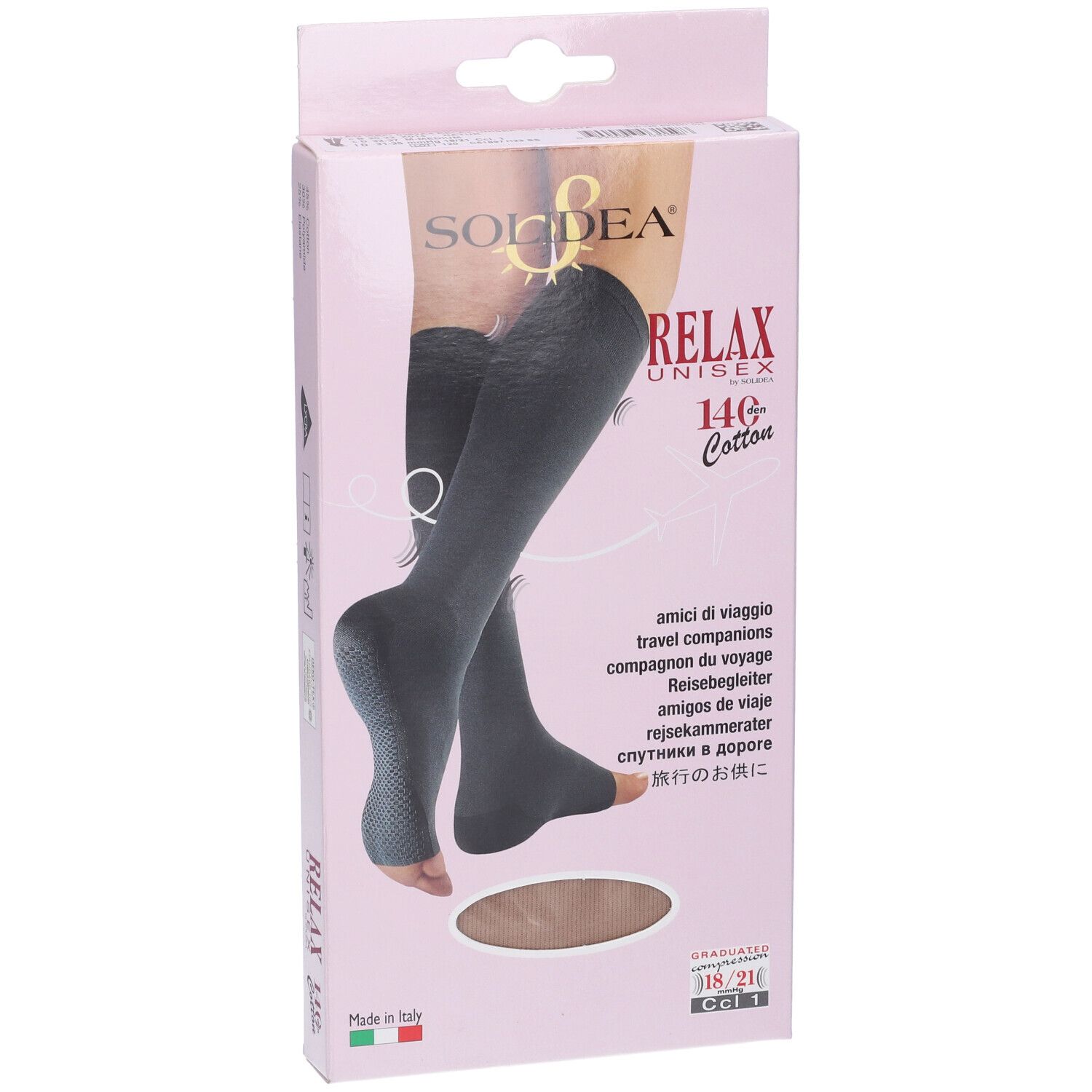 Confezione Relax Unisex 14G Cotton Punta Aperta Natur 2 M. Marchio Solidea. Immagine prodotto. Bandiera italiana.
