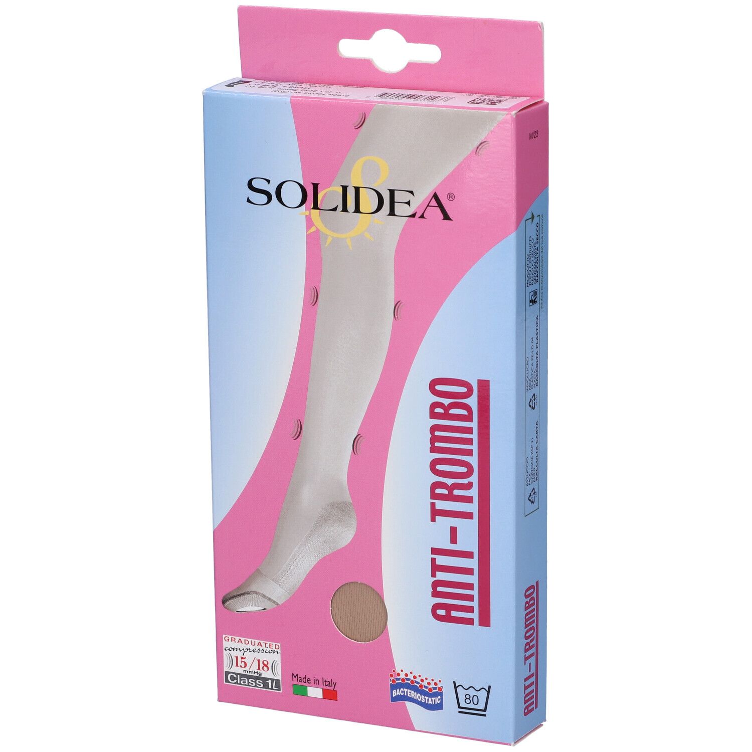 Confezione calza. Marchio SOLIDEA, scritta ANTI-TROMBO. Compressione graduata 15/18 mmHg. Made in Italy. Antibatterico.
