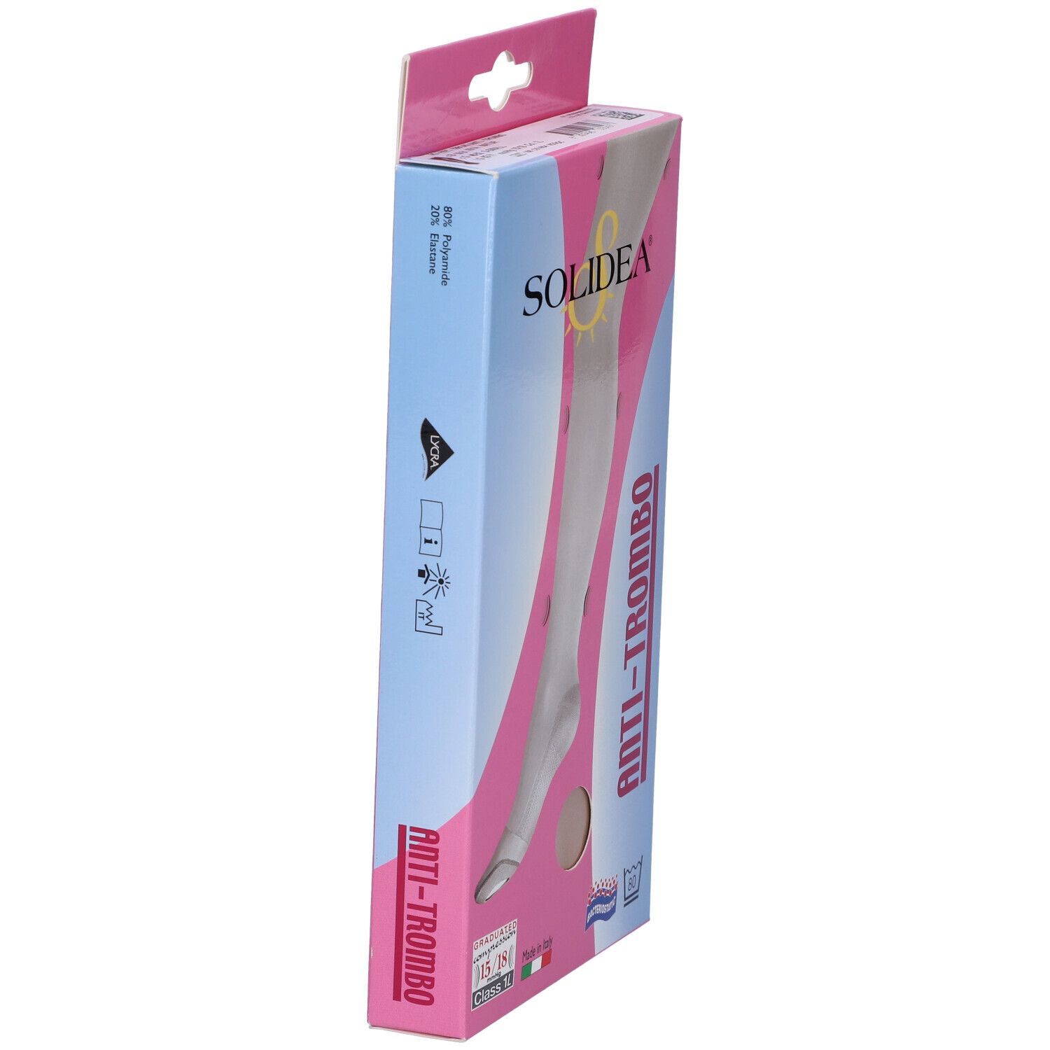 Confezione calza. Marchio SOLIDEA, scritta ANTI-TROMBO. Compressione graduata 15/18 mmHg. Made in Italy. Antibatterico.