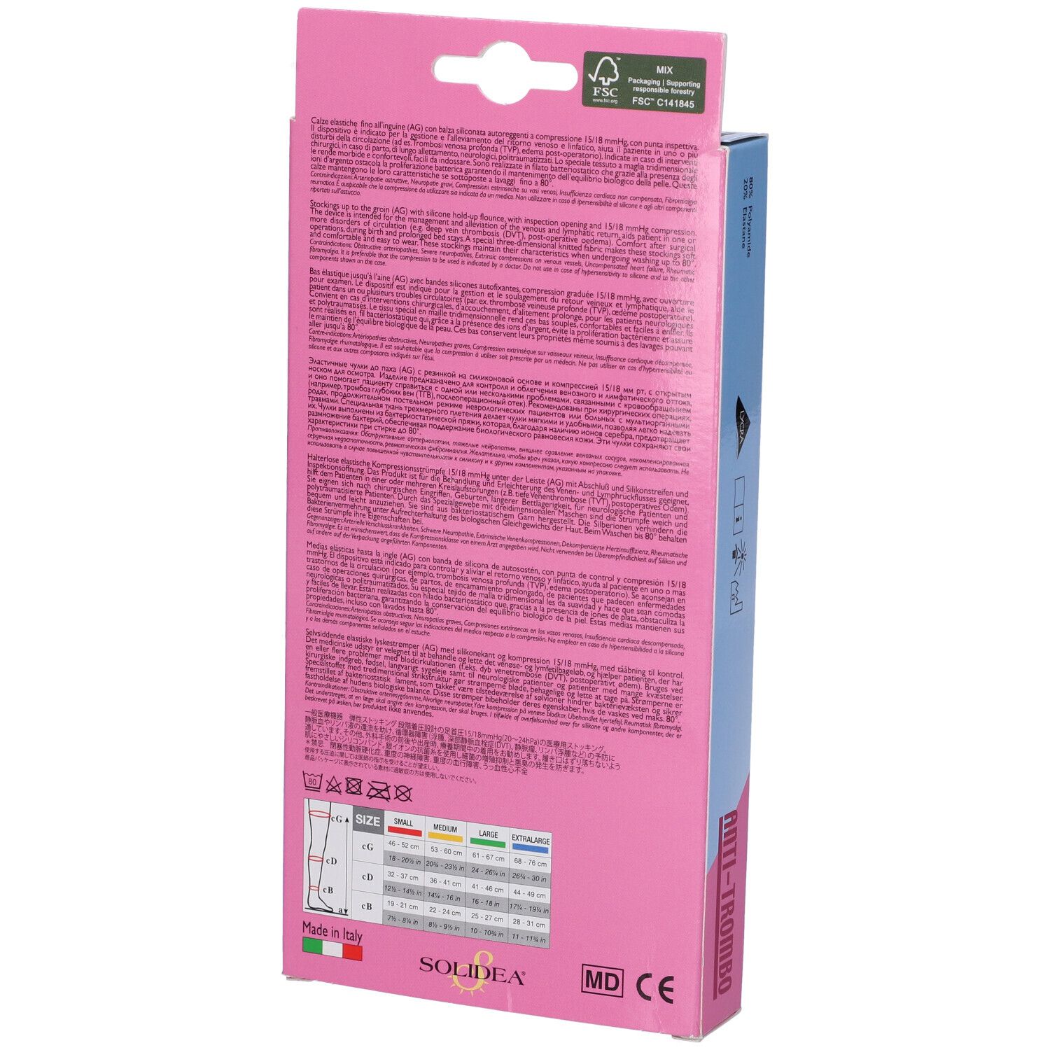 Retro della confezione. Informazioni testuali, indicazioni taglie, marchio SOLIDEA. Scritta ANTI-TROMBO. Made in Italy. Marchio CE.
