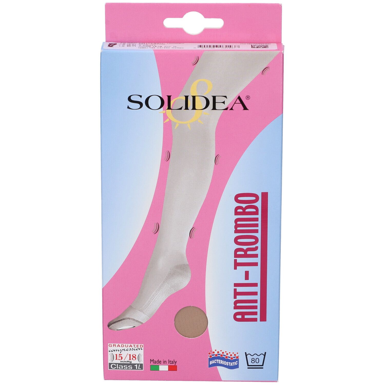 Confezione calza. Marchio SOLIDEA, scritta ANTI-TROMBO. Compressione graduata 15/18 mmHg. Made in Italy. Antibatterico.