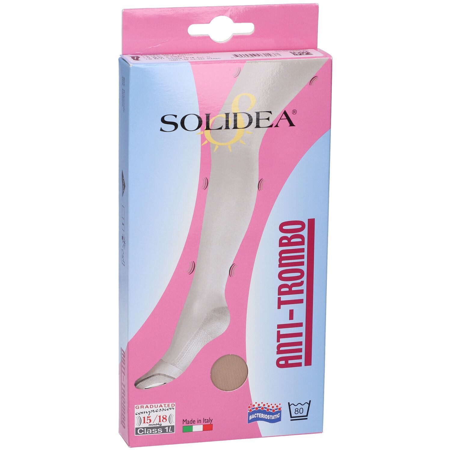 Confezione calza. Marchio SOLIDEA, scritta ANTI-TROMBO. Compressione graduata 15/18 mmHg. Made in Italy. Antibatterico.