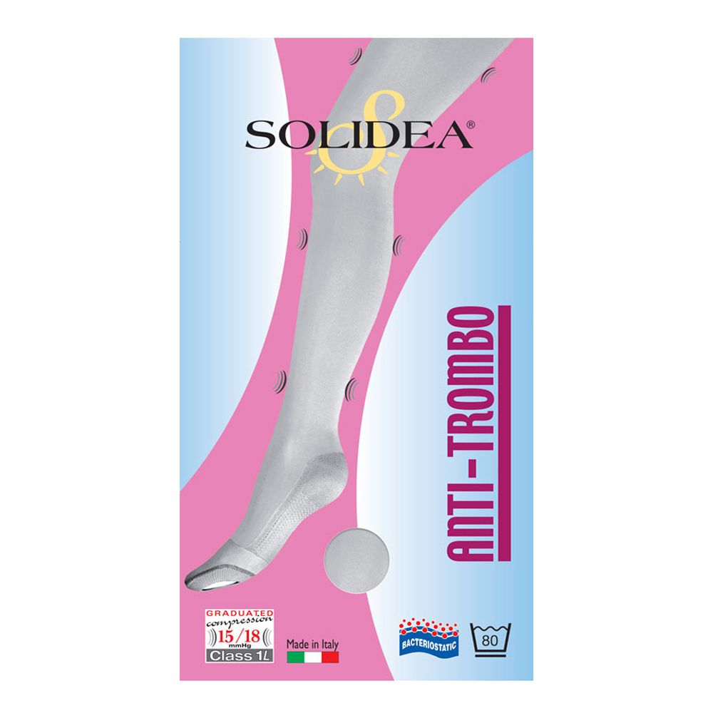 Confezione calze. Marchio SOLIDEA, scritta ANTI-TROMBO. Compressione graduata 15/18 mmHg. Simbolo di lavaggio.