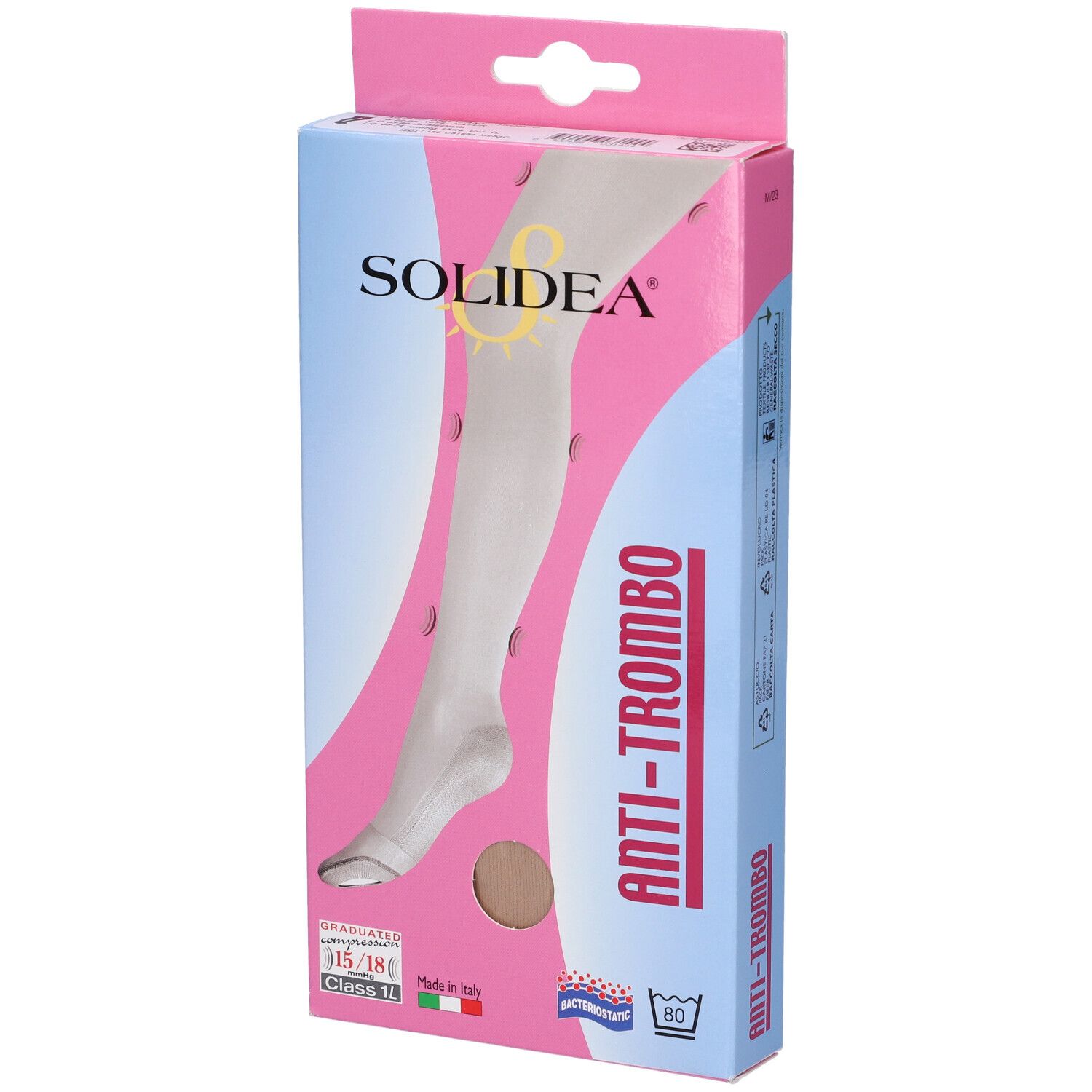 Confezione calze. Marchio SOLIDEA, scritta ANTI-TROMBO. Compressione graduata 15/18 mmHg. Simbolo di lavaggio.