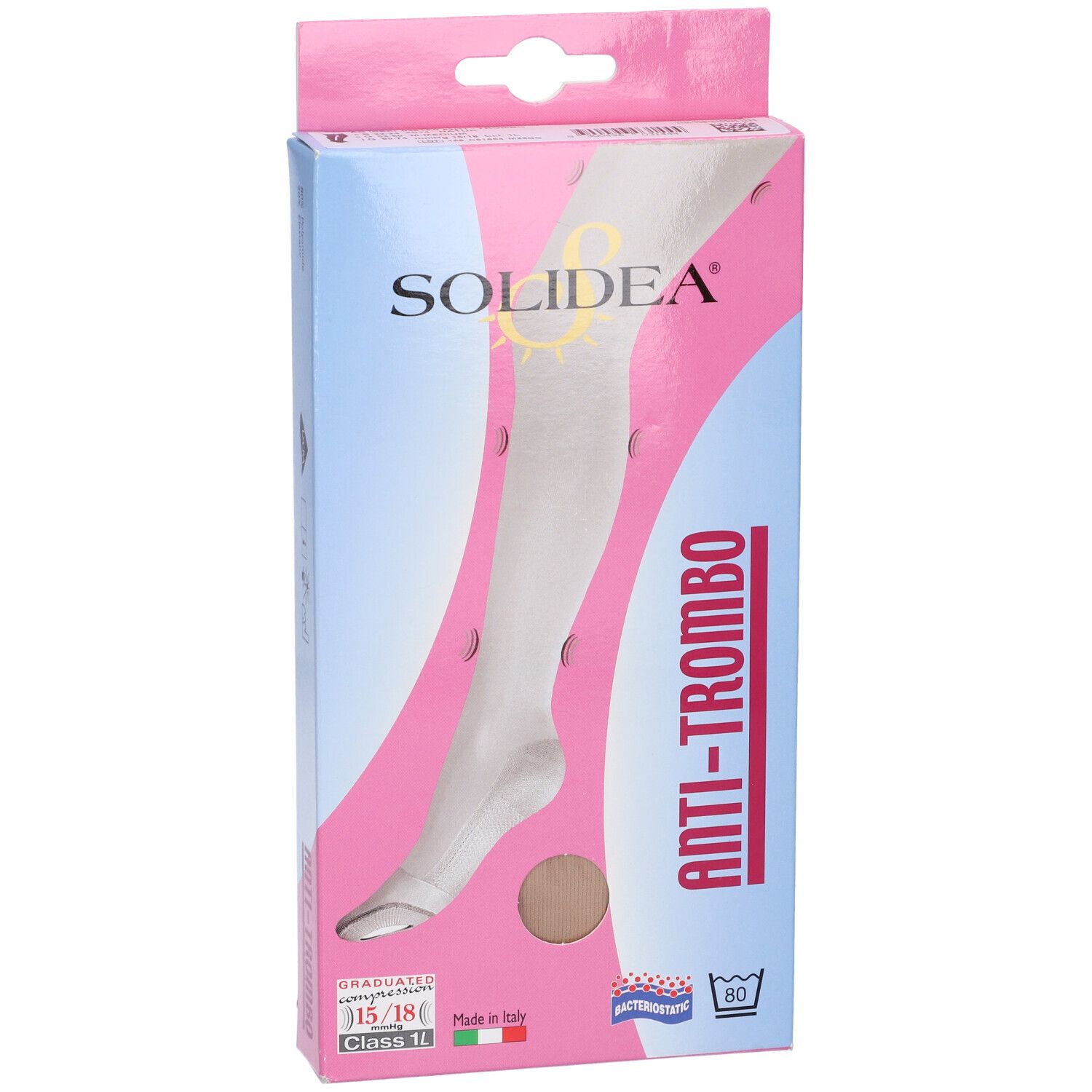 Confezione calze. Marchio SOLIDEA, scritta ANTI-TROMBO. Compressione graduata 15/18 mmHg. Simbolo di lavaggio.