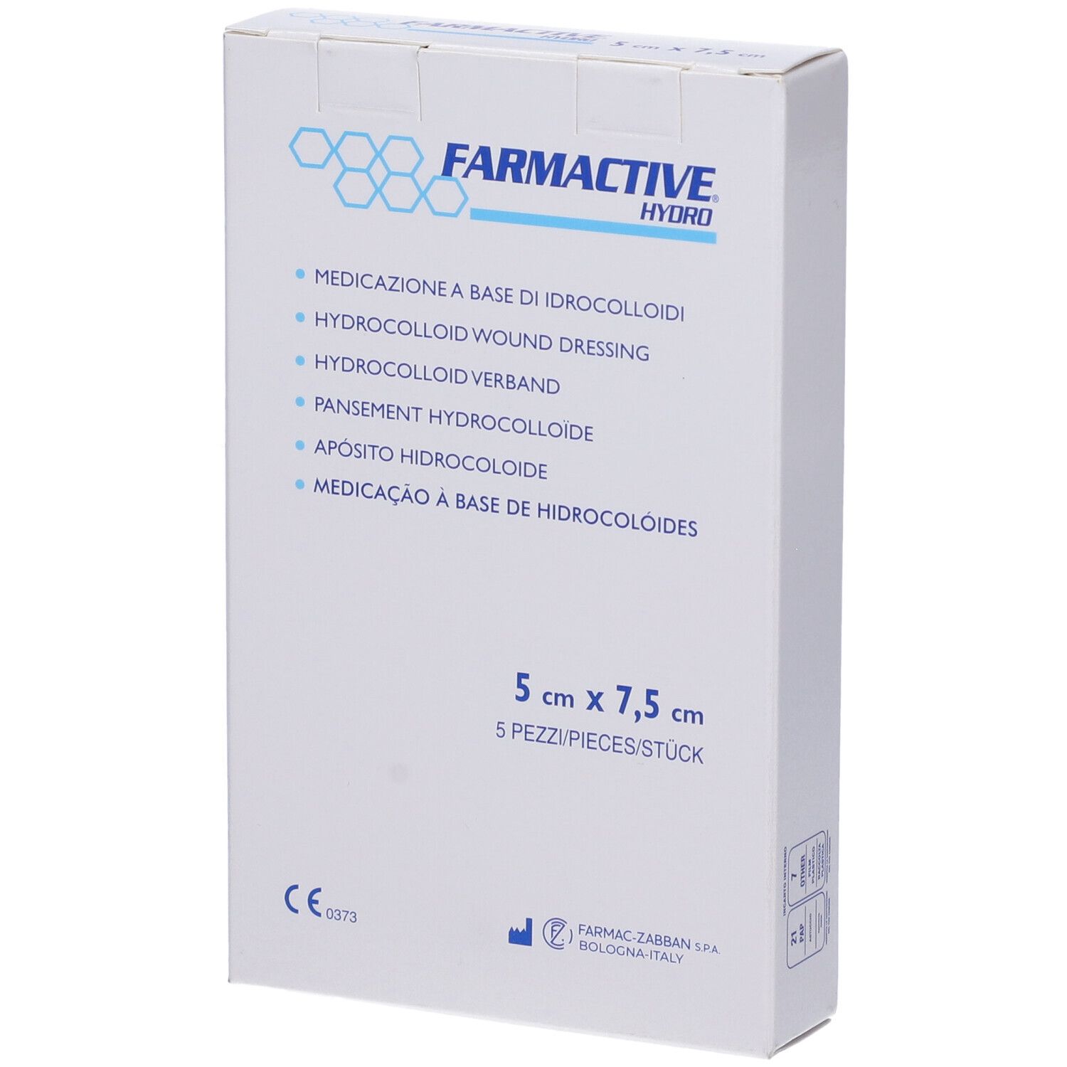 Scatola bianca con informazioni prodotto. 5 medicazioni, 5x7,5 cm. Marca: Farmactive Hydro.