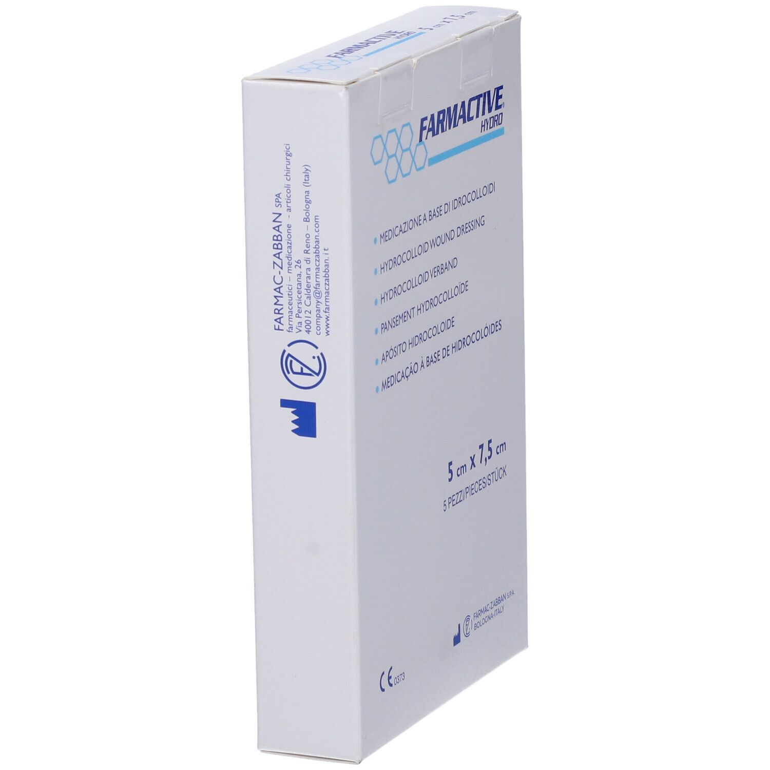 Scatola bianca, vista laterale. Nome e informazioni prodotto. Dimensione: 5x7,5 cm. Marca: Farmactive Hydro.