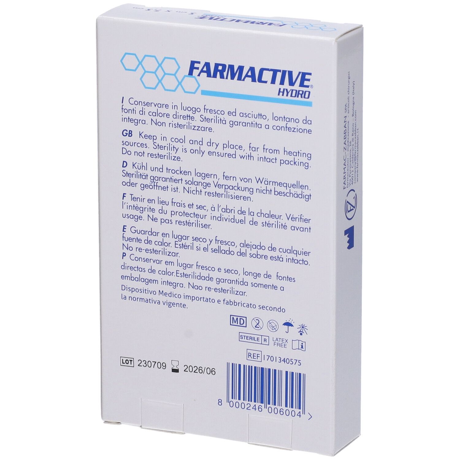 Retro della scatola bianca. Informazioni prodotto, numero di lotto, scadenza. Marca: Farmactive Hydro.