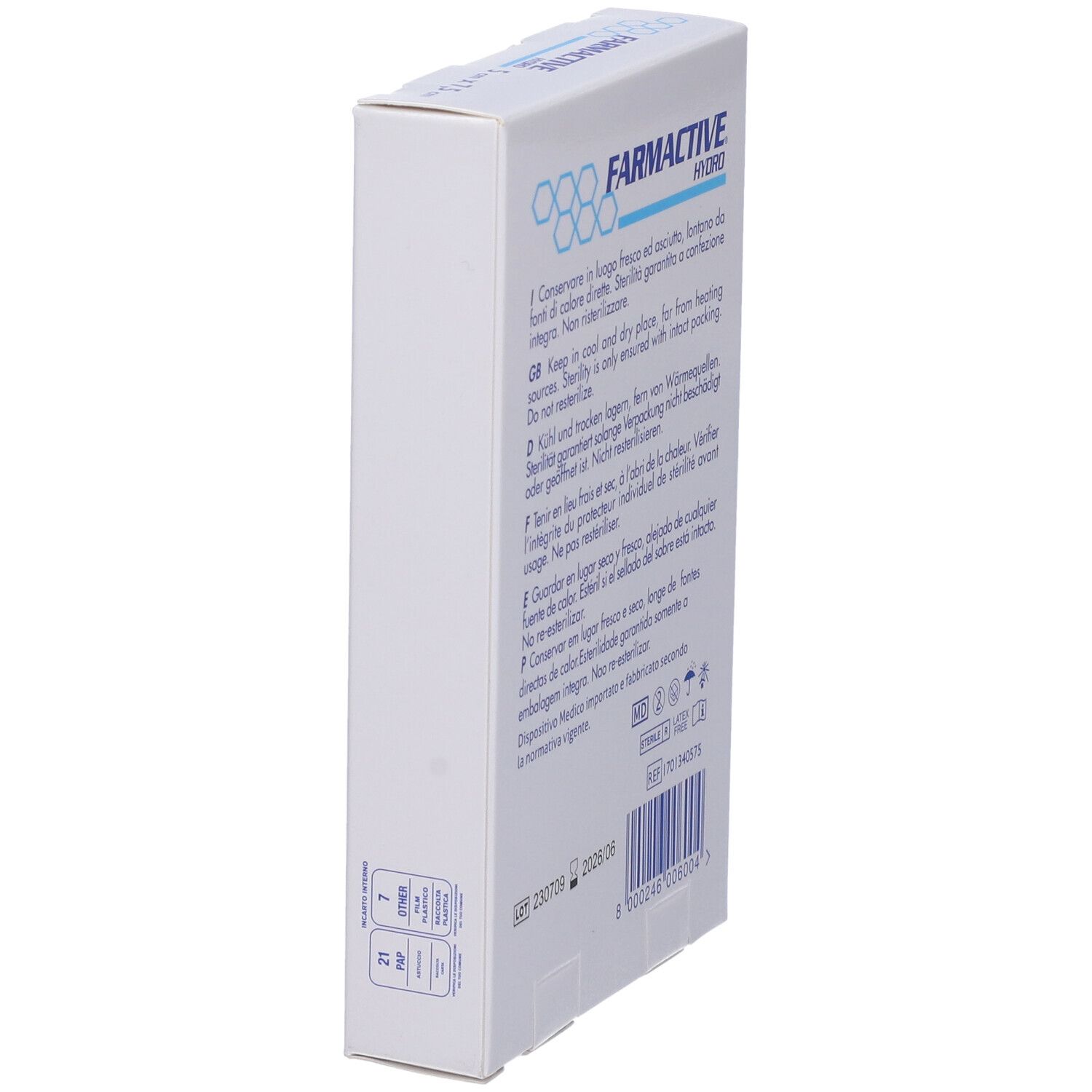 Scatola bianca, vista laterale. Nome e informazioni prodotto. Marca: Farmactive Hydro.
