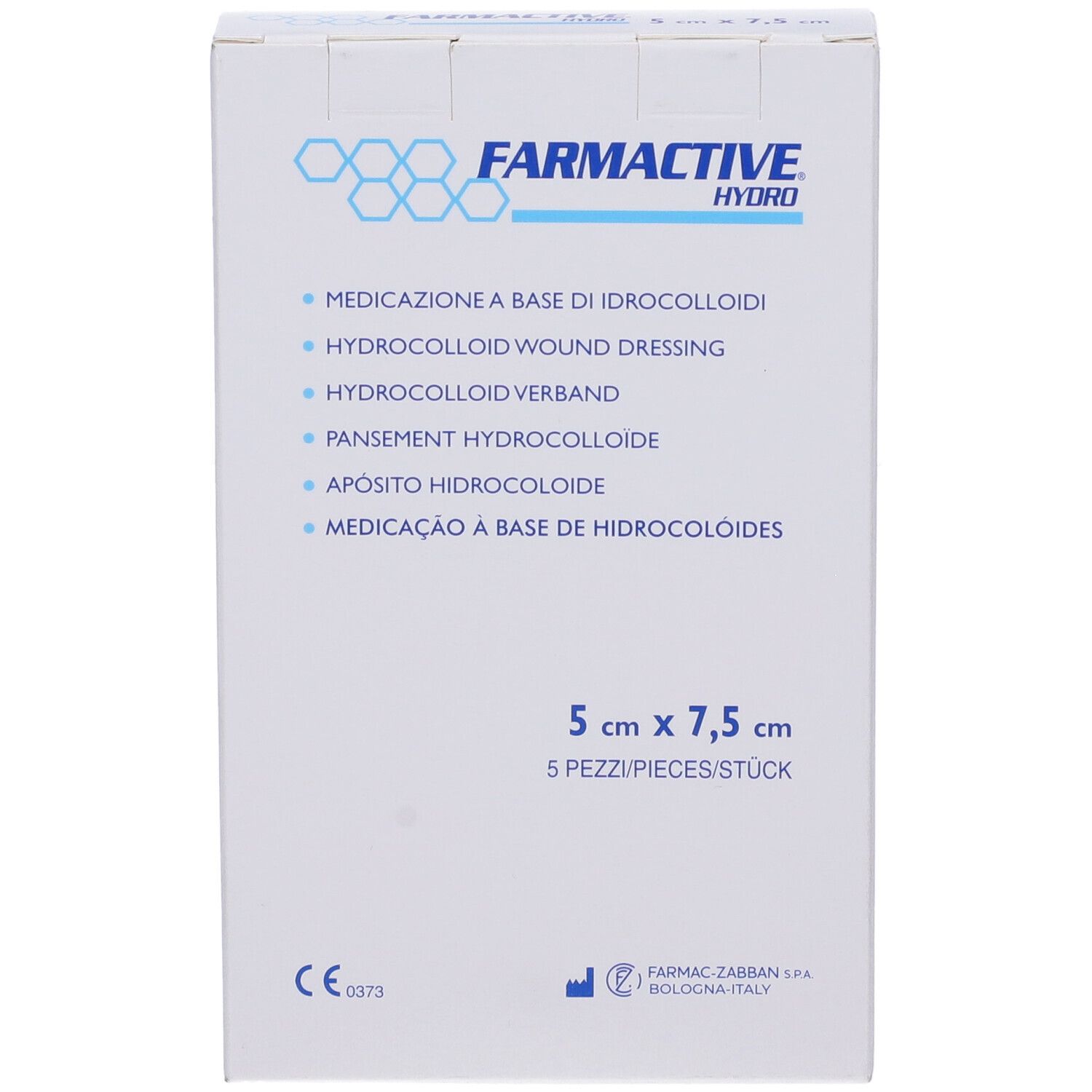 Scatola bianca con informazioni prodotto. 5 medicazioni, 5x7,5 cm. Marca: Farmactive Hydro.