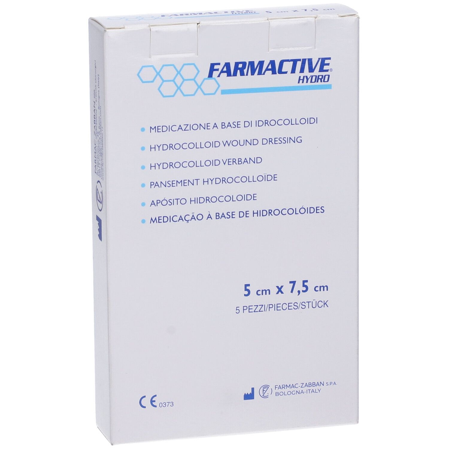 Scatola bianca, vista laterale. Nome e informazioni prodotto. Marca: Farmactive Hydro.