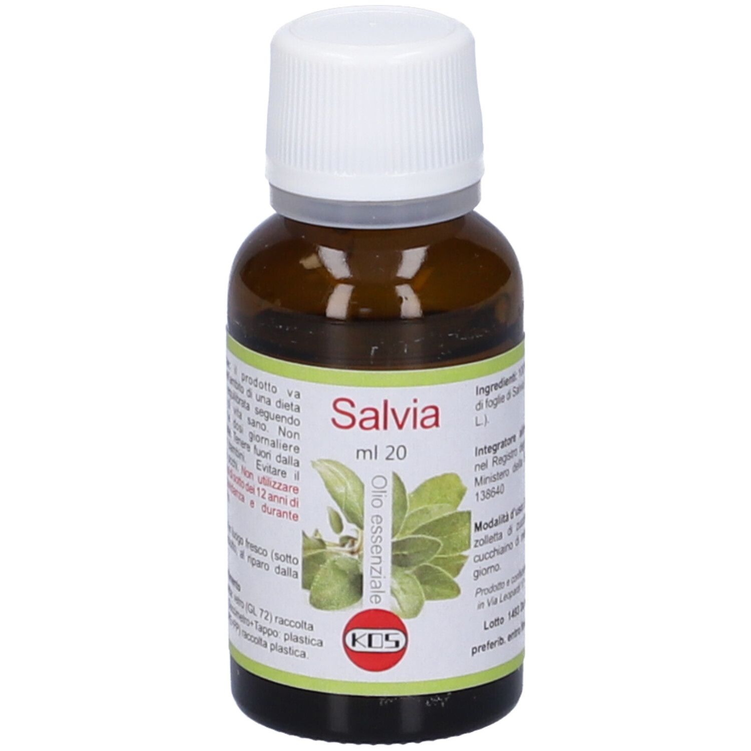 Flacone in vetro marrone con tappo bianco. Scritta Salvia, ml 20 e « olio essenziale ». Etichetta con immagine di foglie di salvia.