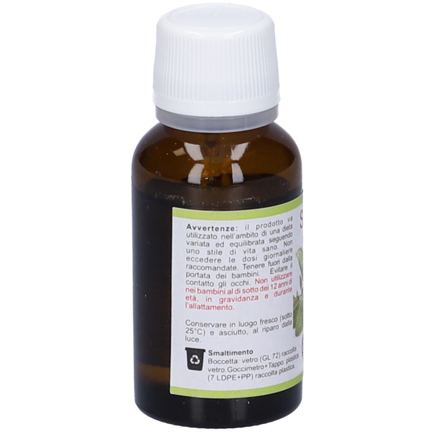 Flacone in vetro marrone con tappo bianco. Etichetta con testo. Scritta Salvia, ml 20 e « olio essenziale ». Etichetta con immagine di foglie di salvia.