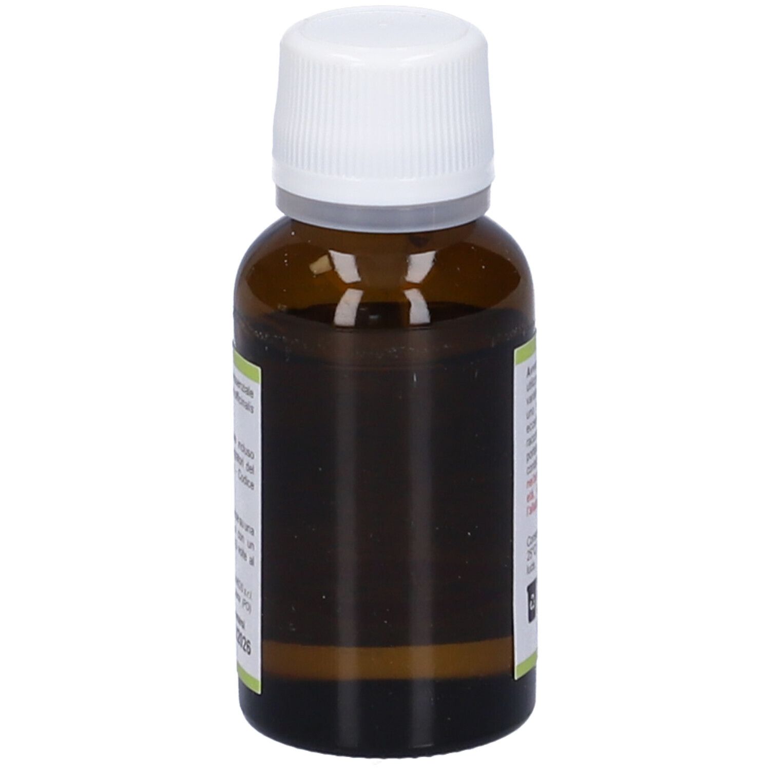 Flacone in vetro marrone con tappo bianco. Etichetta con testo. Scritta Salvia, ml 20 e « olio essenziale ». Etichetta con immagine di foglie di salvia.