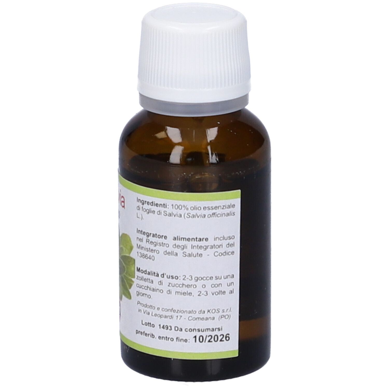 Flacone in vetro marrone con tappo bianco. Etichetta con testo. Scritta Salvia, ml 20 e « olio essenziale ». Etichetta con immagine di foglie di salvia.