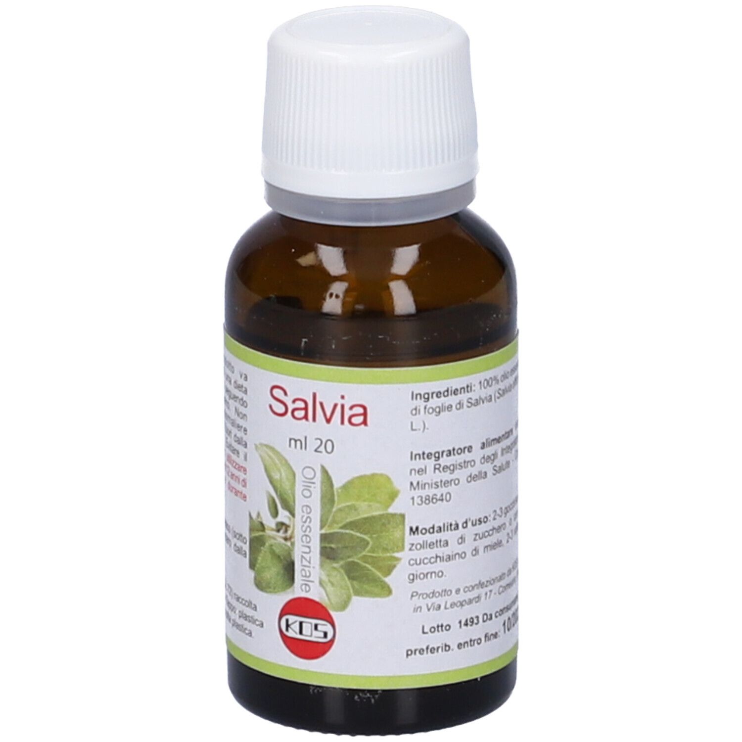 Flacone in vetro marrone con tappo bianco. Etichetta con testo. Scritta Salvia, ml 20 e « olio essenziale ». Etichetta con immagine di foglie di salvia.