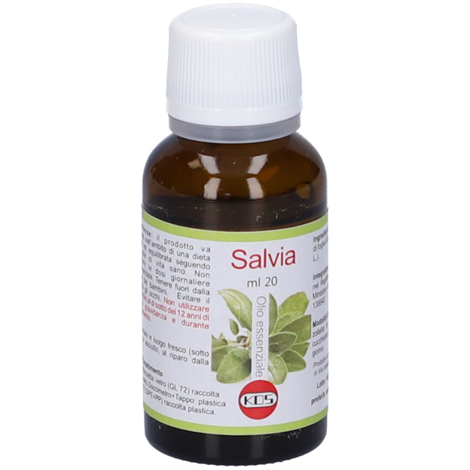 Flacone in vetro marrone con tappo bianco. Etichetta con testo. Scritta Salvia, ml 20 e « olio essenziale ». Etichetta con immagine di foglie di salvia.