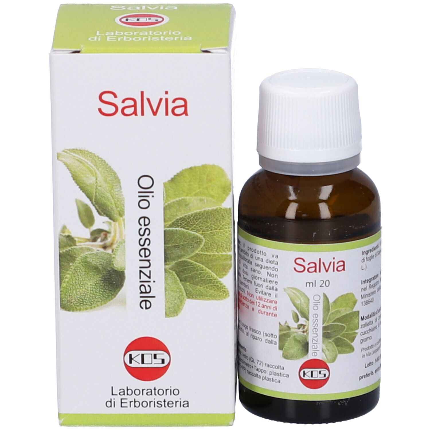 Flacone in vetro marrone con tappo bianco e scatola. Scritta Salvia, ml 20 e « olio essenziale ». Etichetta con immagine di foglie di salvia.