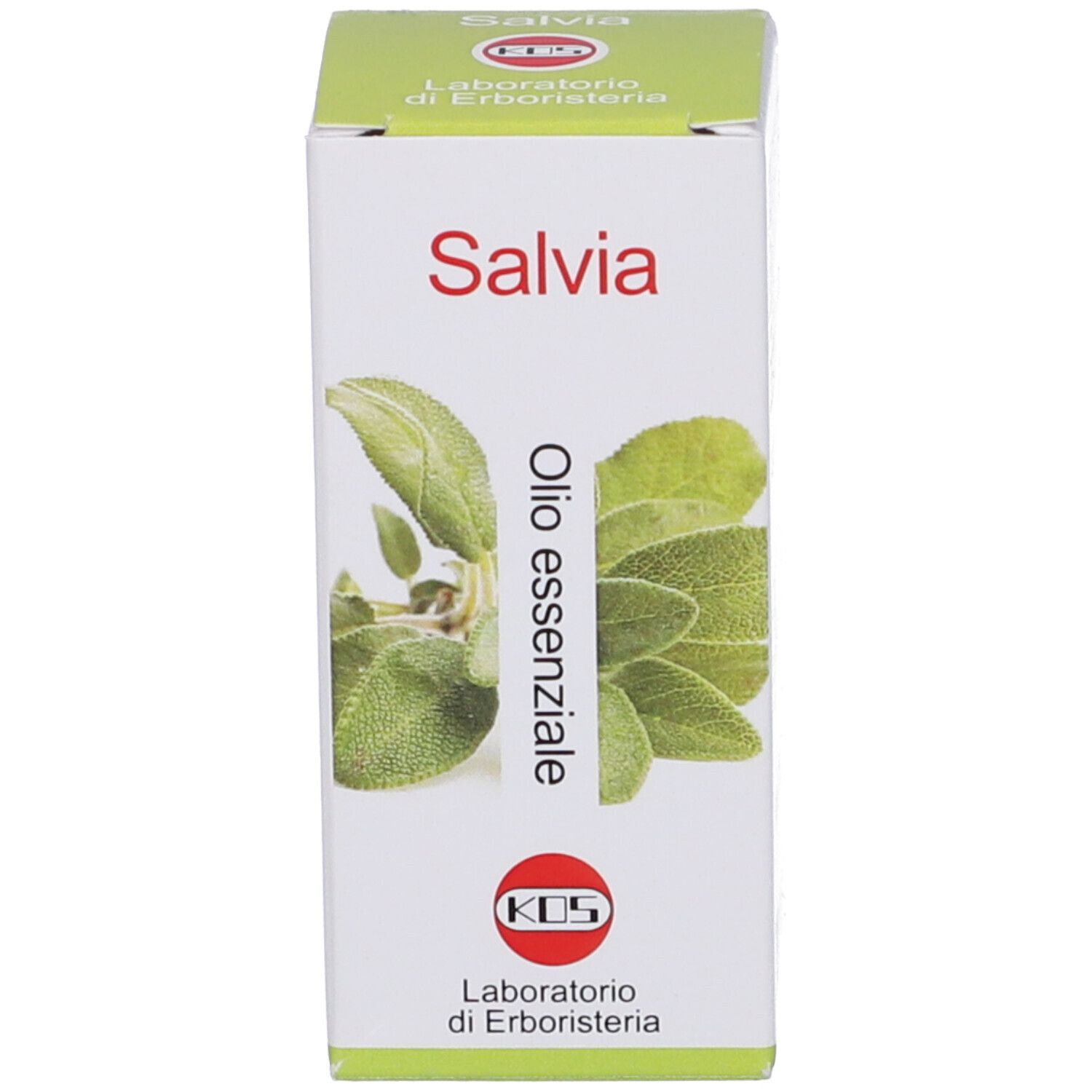 Scatola bianca con scritta Salvia e logo. Immagine di foglie di salvia. Sopra, « olio essenziale ».