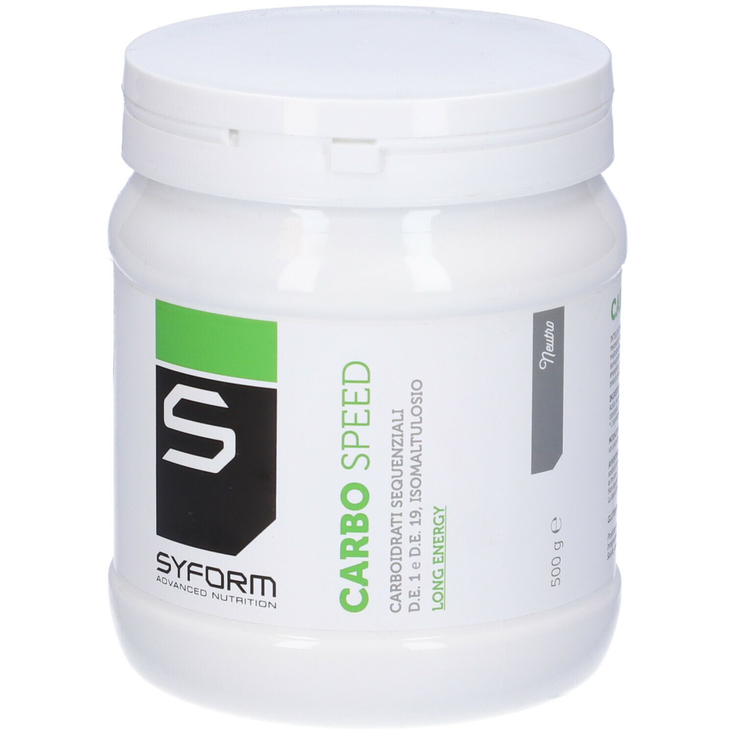 Barattolo di plastica bianco con coperchio. Scritta: Carbo Speed, Syform. 500 g. Long Energy.