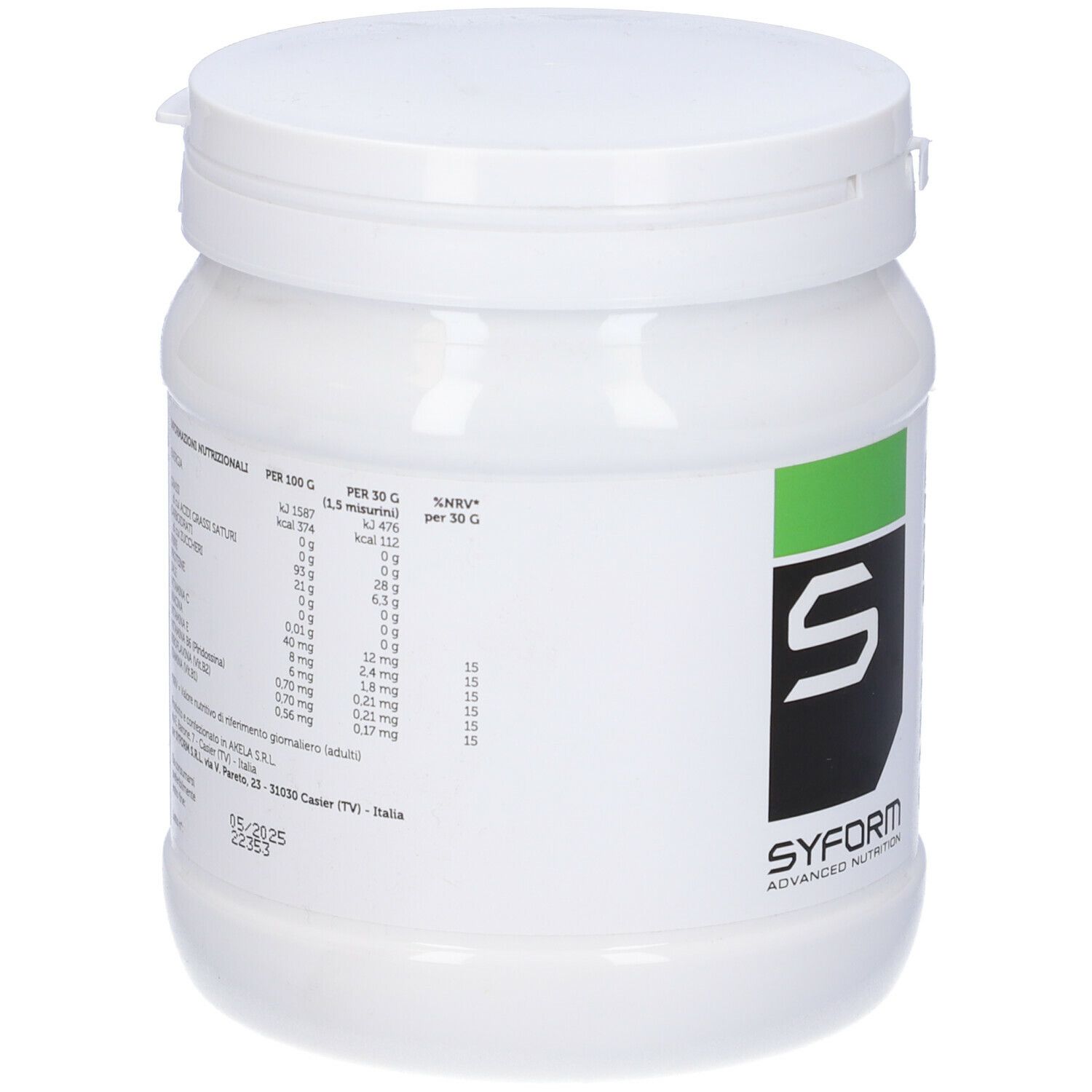 Barattolo di plastica bianco con coperchio. Retro con informazioni nutrizionali per 30g. Logo Syform.