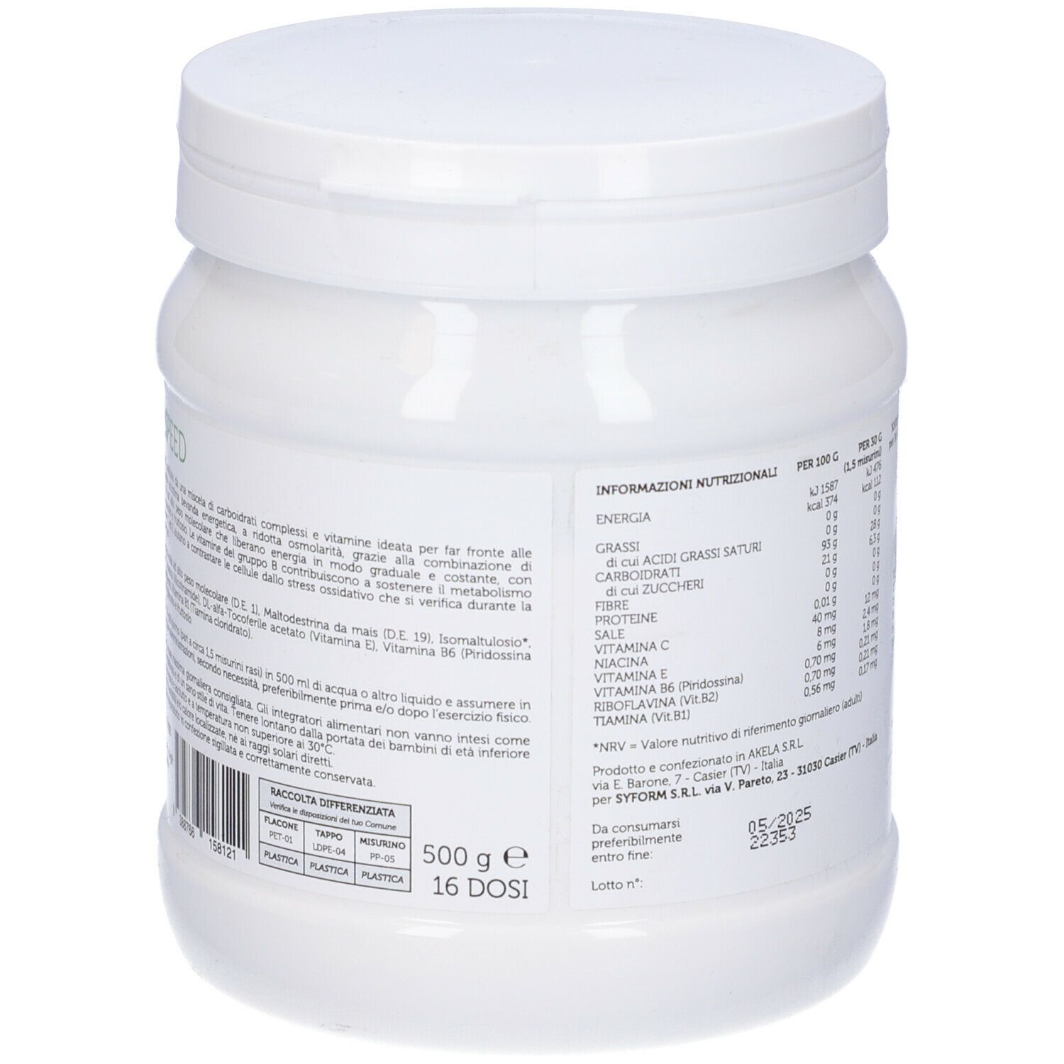 Barattolo di plastica bianco con coperchio. Retro con informazioni nutrizionali. 500 g, 16 dosi.