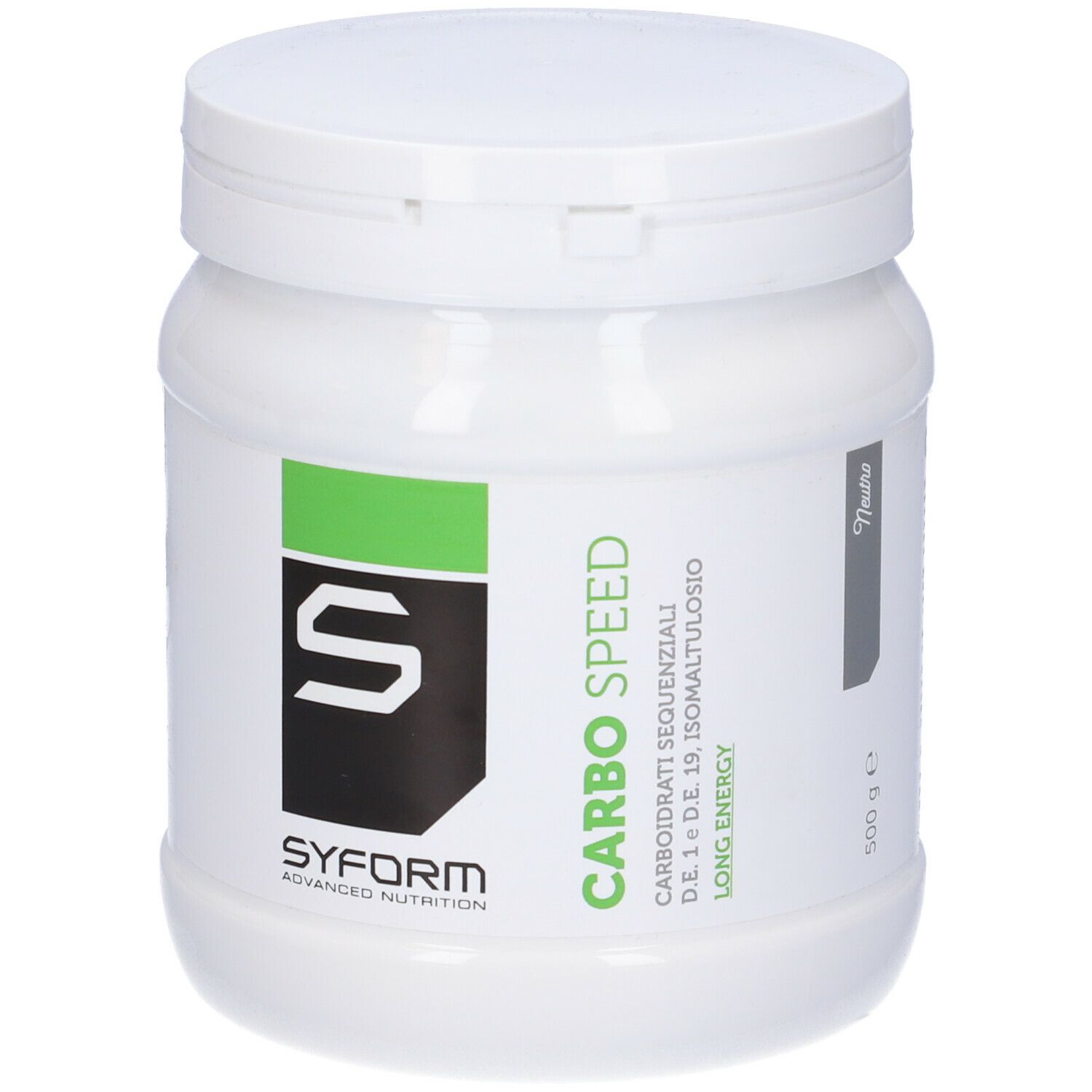Barattolo di plastica bianco con coperchio. Scritta: Carbo Speed, Syform. 500 g. Long Energy.