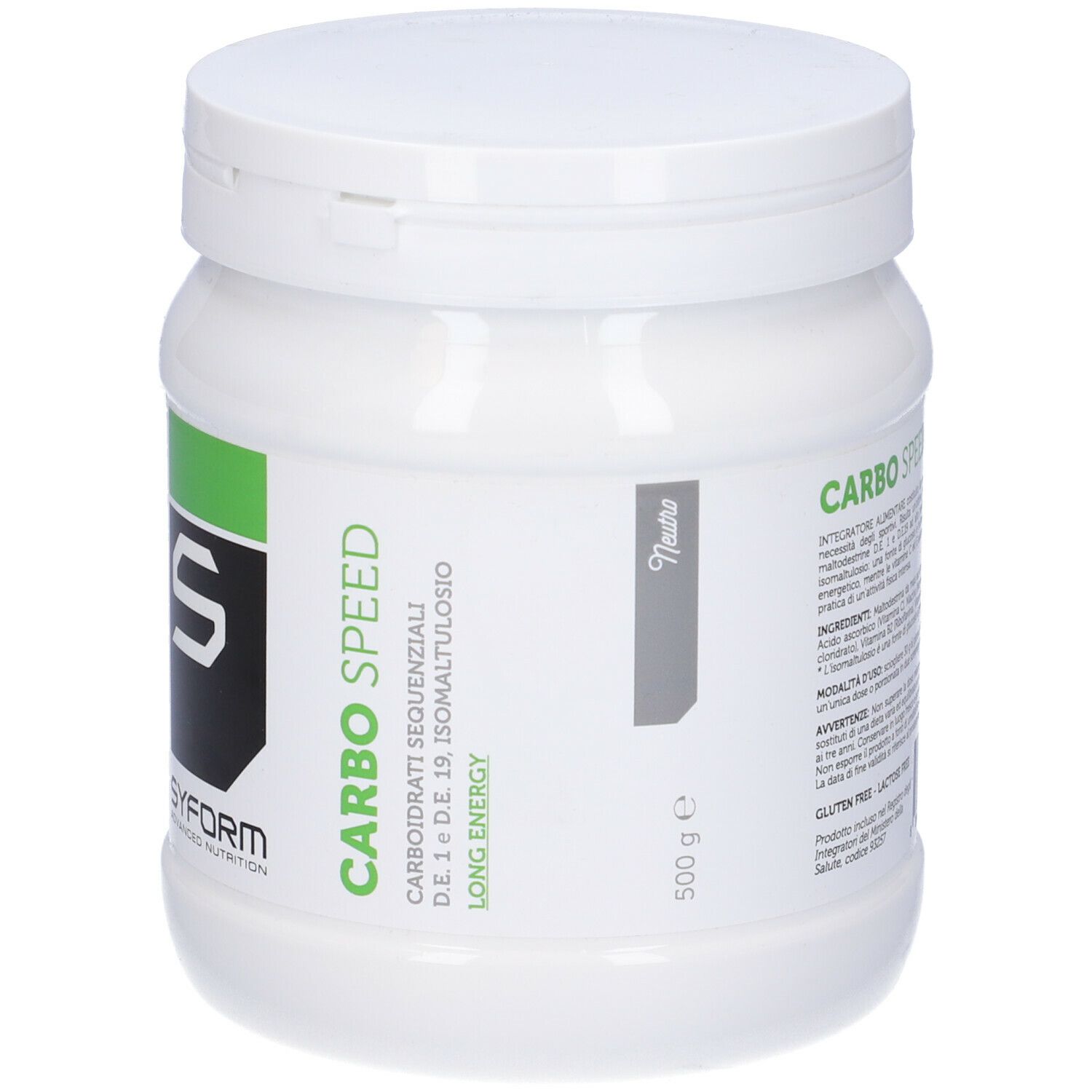 Barattolo di plastica bianco con coperchio. Scritta: Carbo Speed, Syform. 500 g. Long Energy.