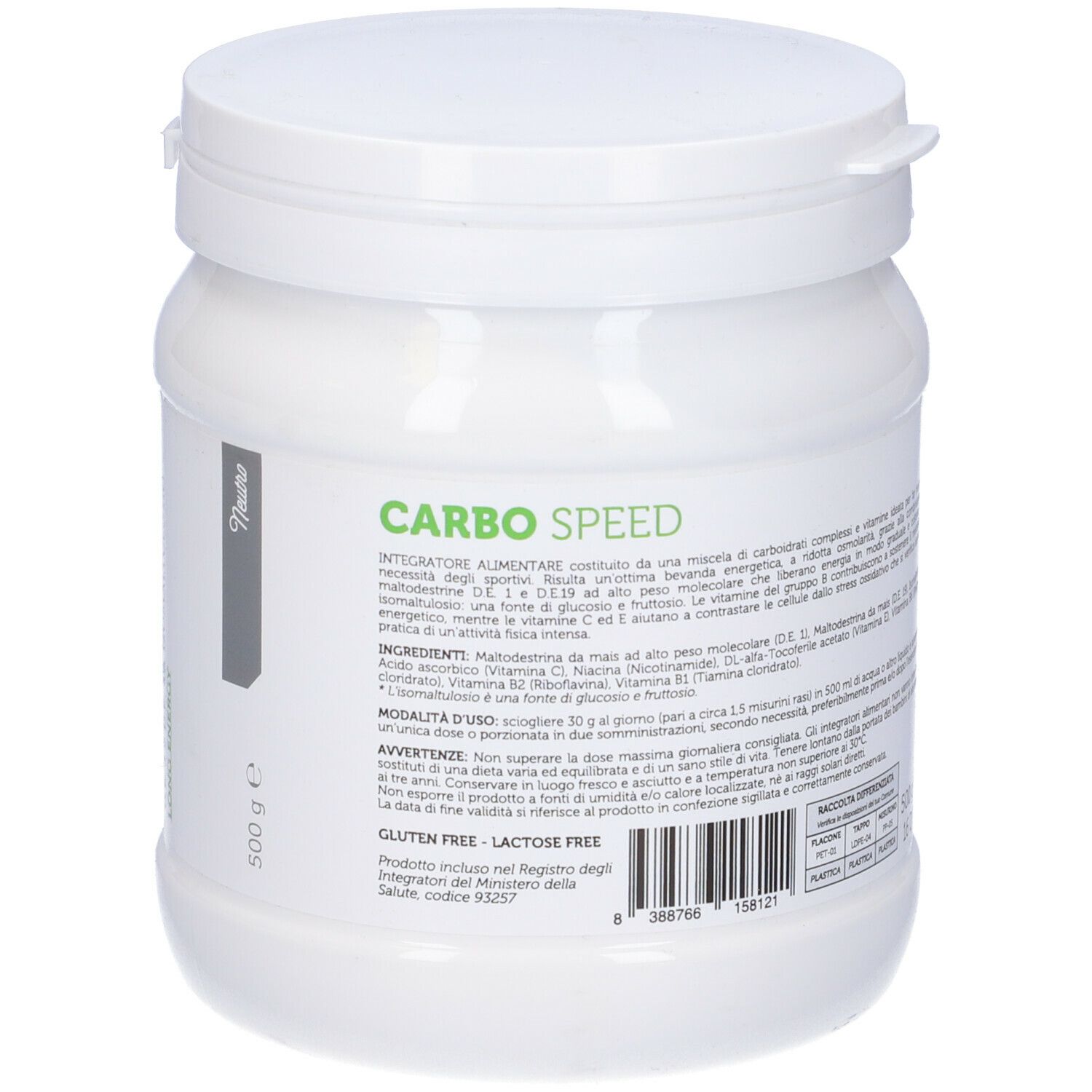 Barattolo di plastica bianco con coperchio. Retro con informazioni prodotto. Senza glutine, senza lattosio. 500 g.