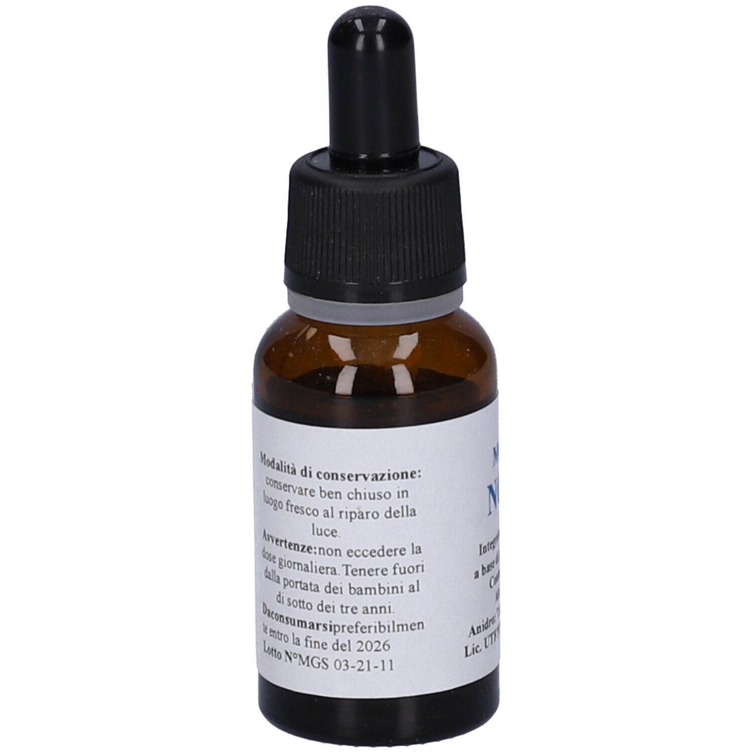 Flacone di vetro marrone con contagocce nero. Etichetta con testo. Nome del prodotto non visibile.