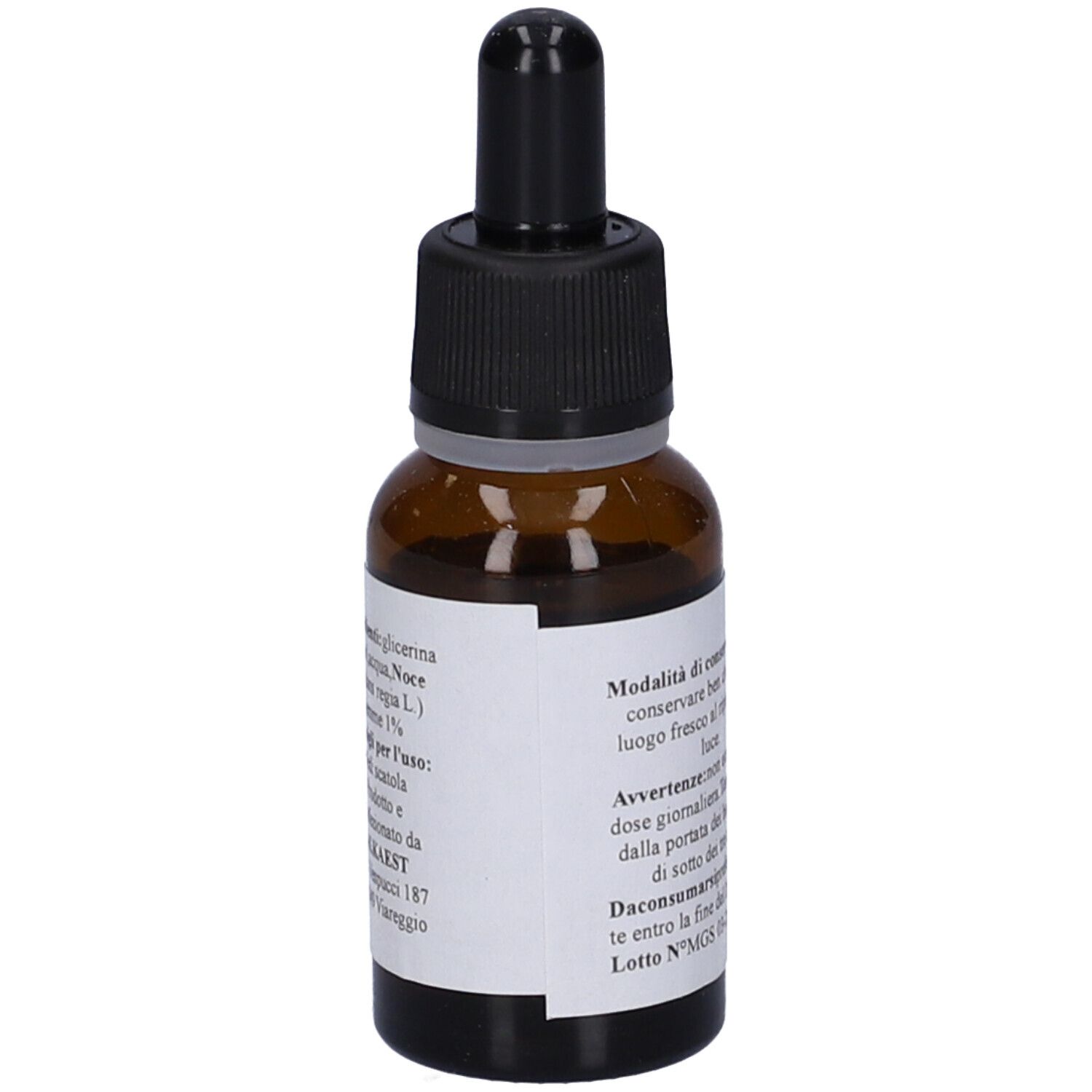 Flacone di vetro marrone con contagocce nero. Etichetta con testo. Nome del prodotto non visibile.