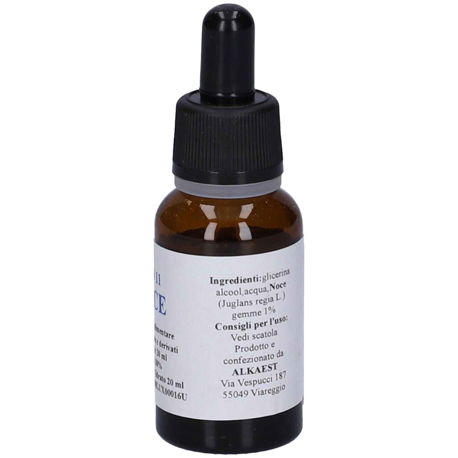 Flacone di vetro marrone con contagocce nero. Etichetta con testo. Nome del prodotto non visibile.