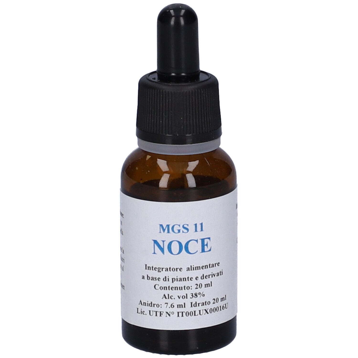 Flacone di vetro marrone con contagocce nero. Etichetta con testo. Nome del prodotto non visibile.