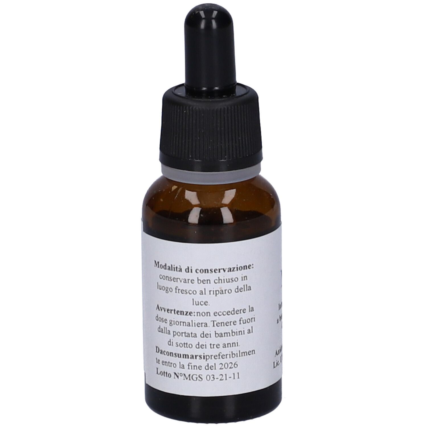 Flacone di vetro marrone con contagocce nero. Etichetta con testo. Nome del prodotto non visibile.