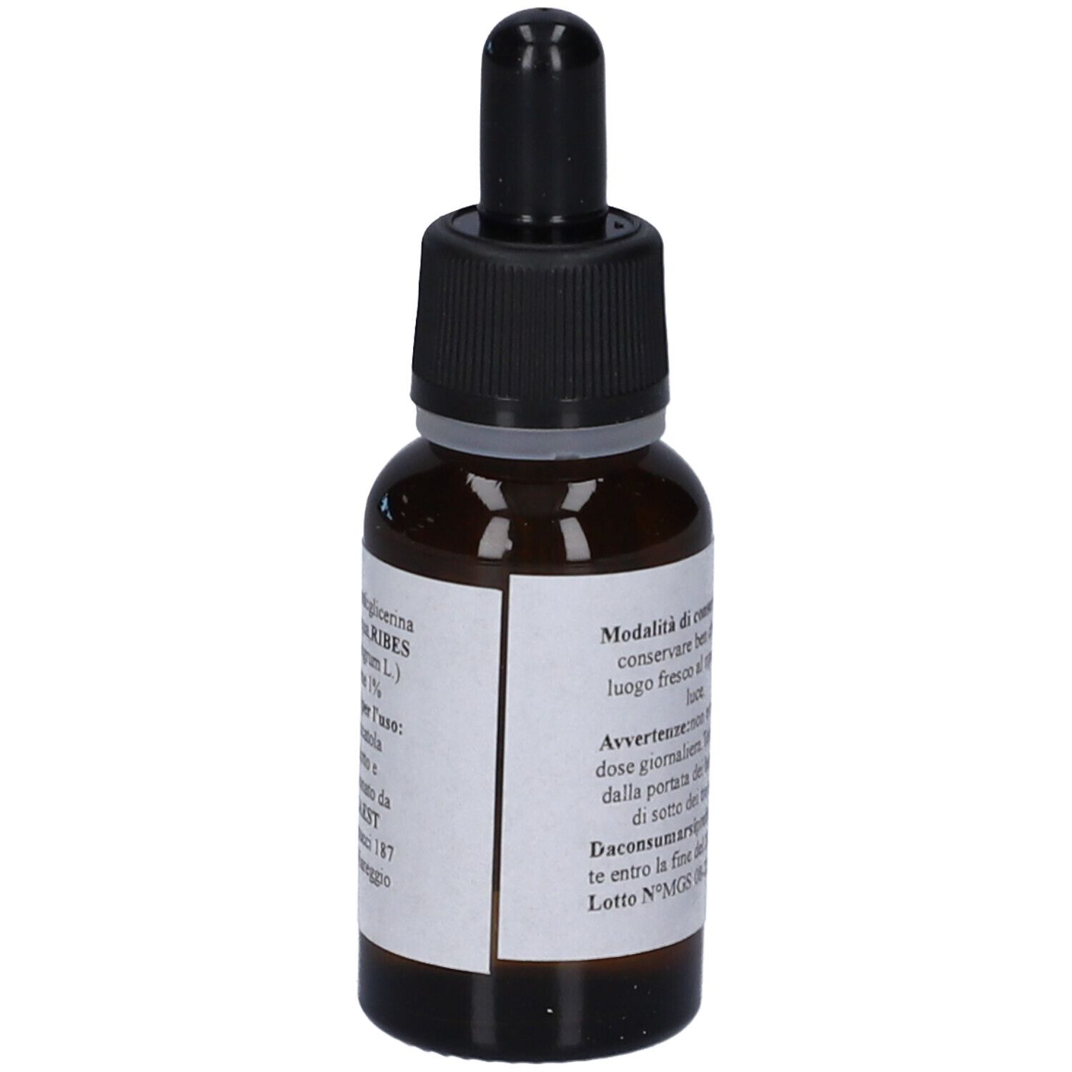 Flacone di vetro marrone con tappo nero e contagocce. Etichetta con testo.