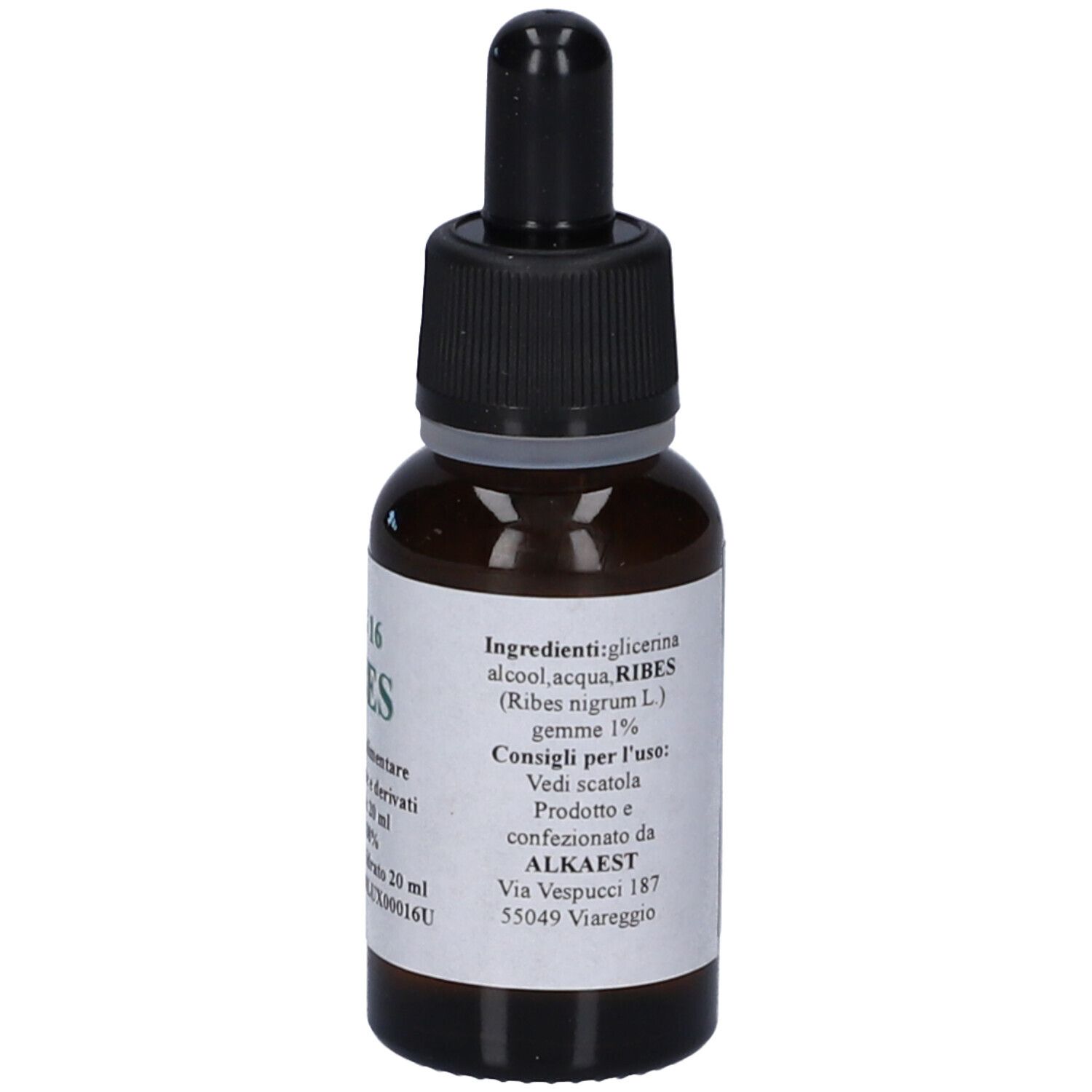 Flacone di vetro marrone con tappo nero e contagocce. Etichetta con testo: ingredienti, MGS 16 RIBES.