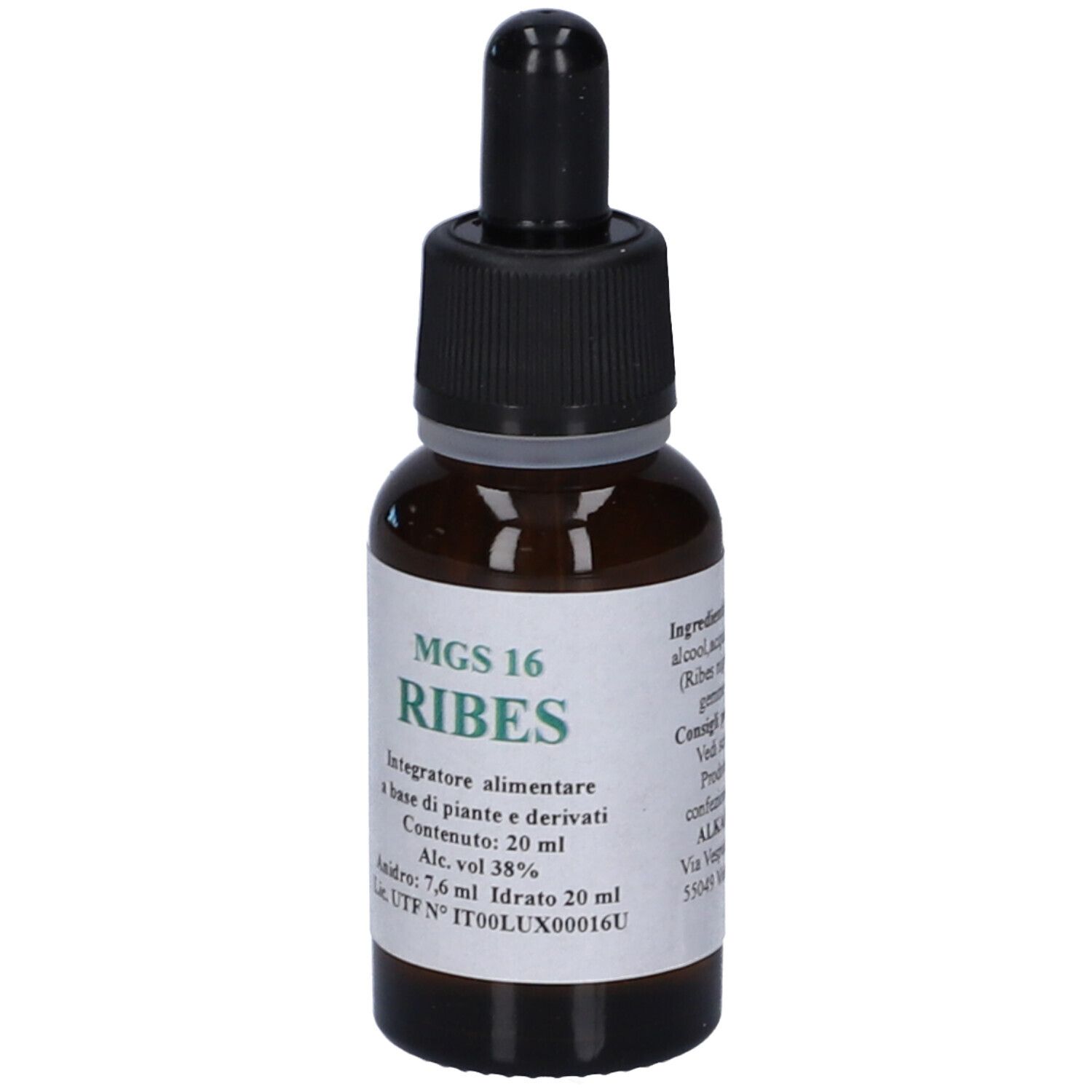 Flacone di vetro marrone con tappo nero e contagocce. Etichetta con testo: MGS 16 RIBES.