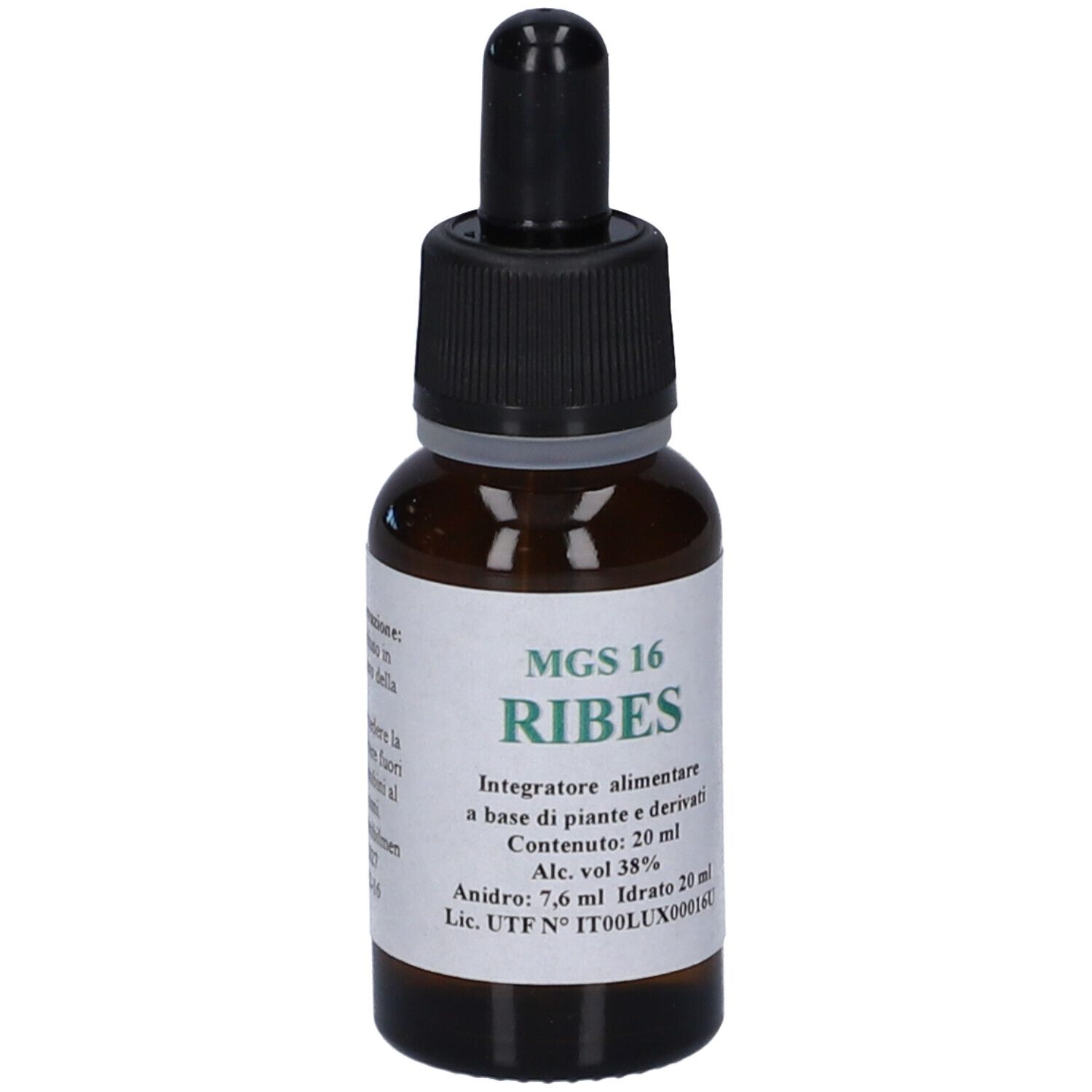 Flacone di vetro marrone con tappo nero e contagocce. Etichetta con testo: MGS 16 RIBES.