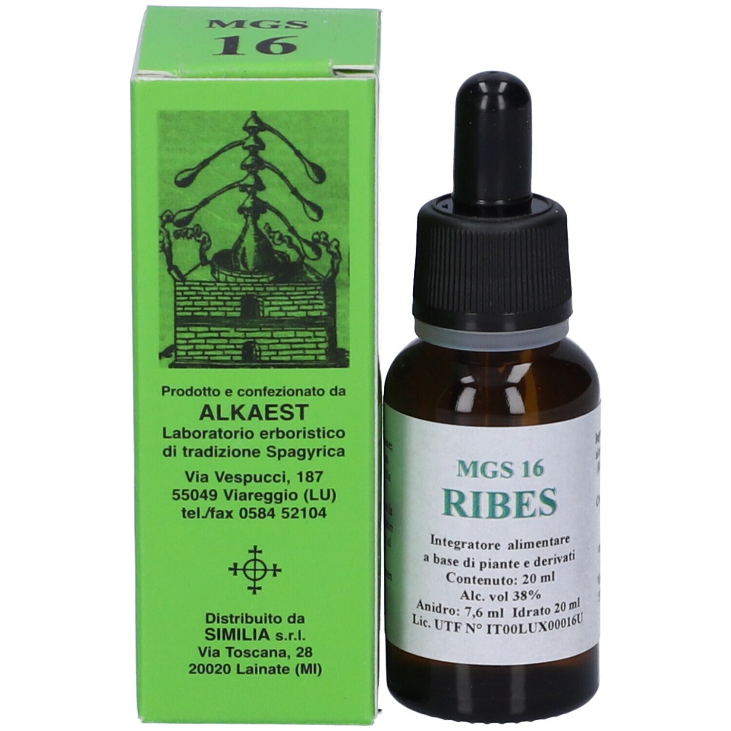 Flacone di vetro marrone con tappo nero e contagocce accanto a scatola verde. Testo: MGS 16 RIBES.