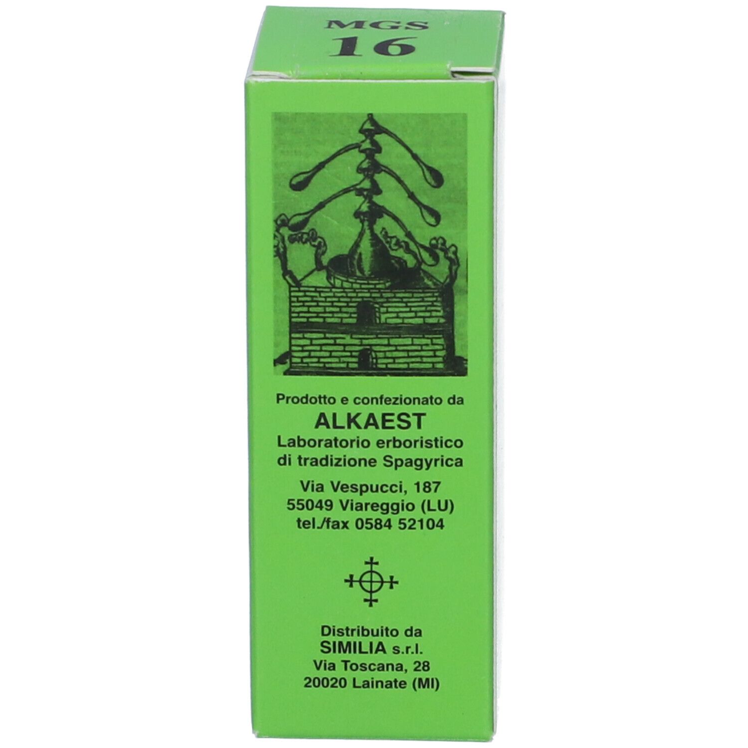 Scatola verde con testo: MGS 16, ALKAEAST, SIMILIA.