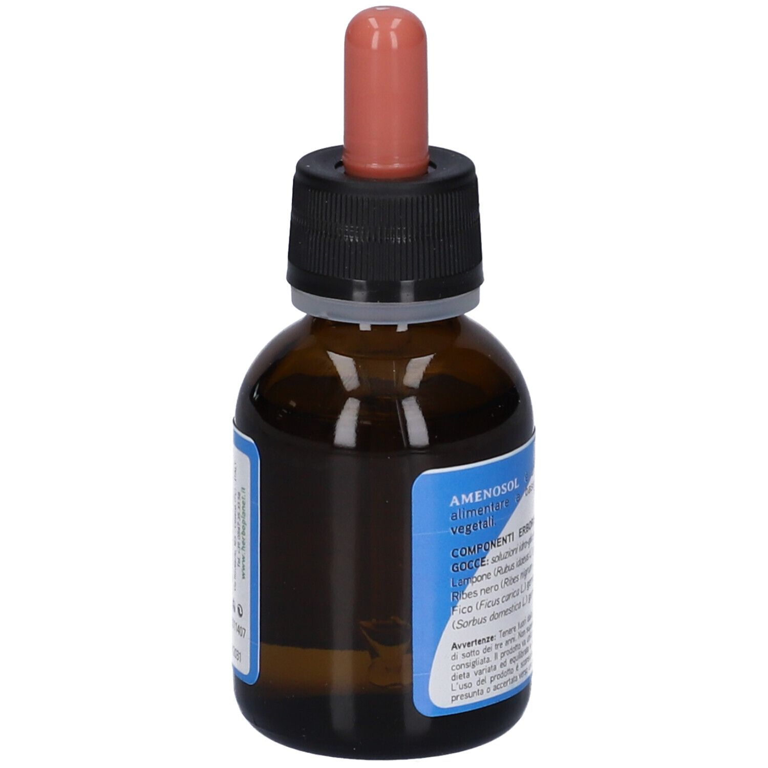 Vista laterale di un flacone in vetro ambrato con contagocce. Etichetta con ingredienti.