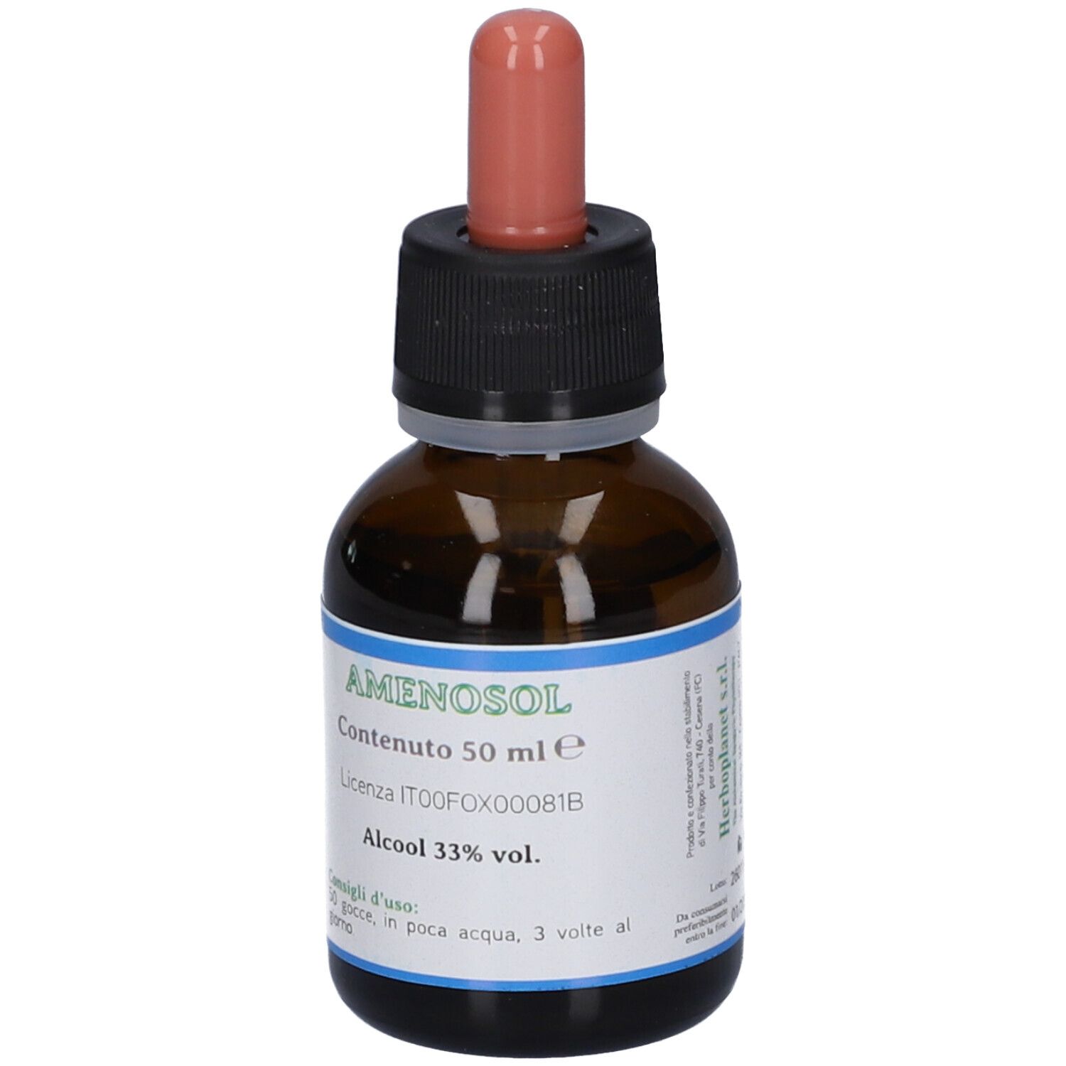 Flacone in vetro ambrato con contagocce ed etichetta. Contenuto 50 ml.