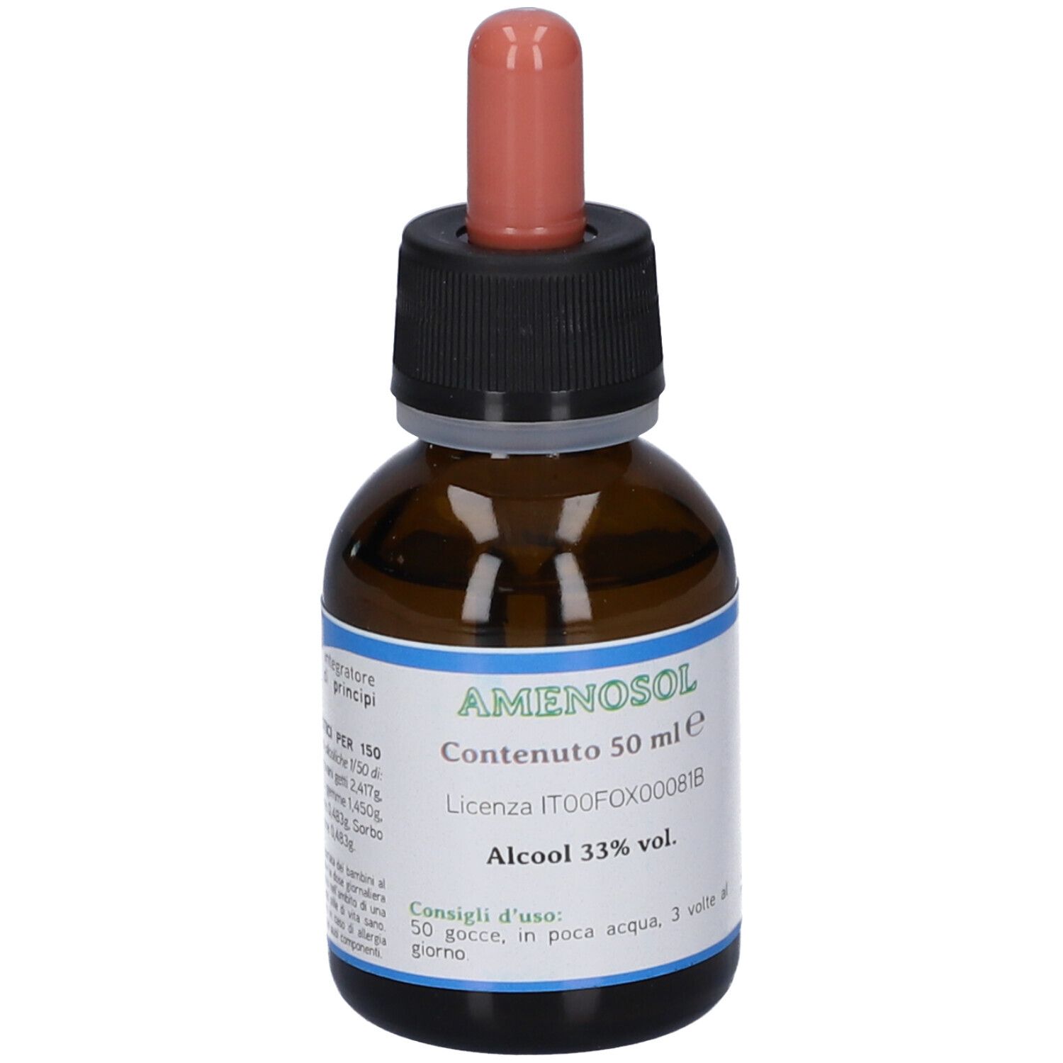 Flacone in vetro ambrato con contagocce ed etichetta. Contenuto 50 ml e Alcool 33% vol.