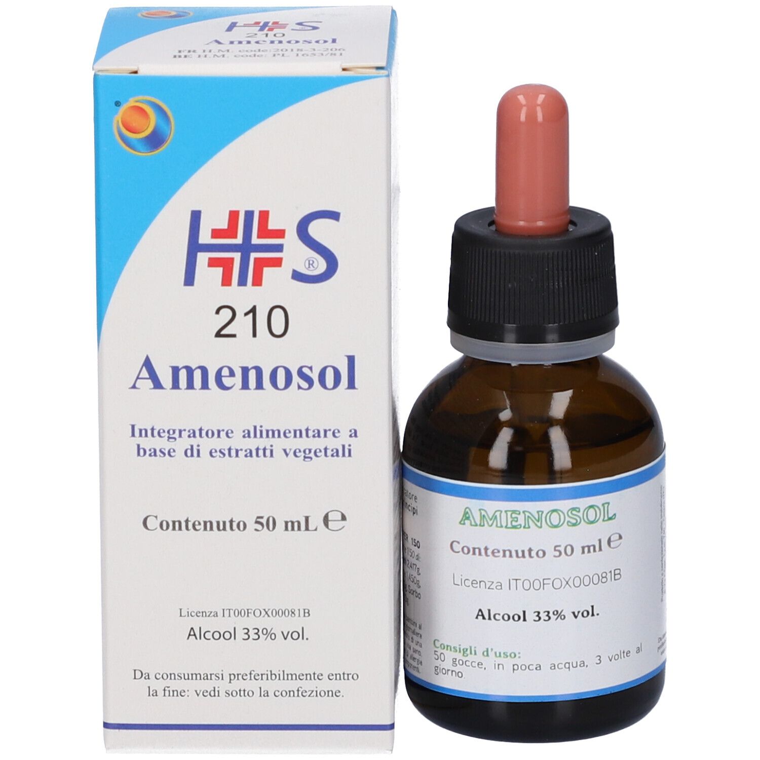 Confezione e flacone: Amenosol, 50 ml, Alcool 33% vol.
