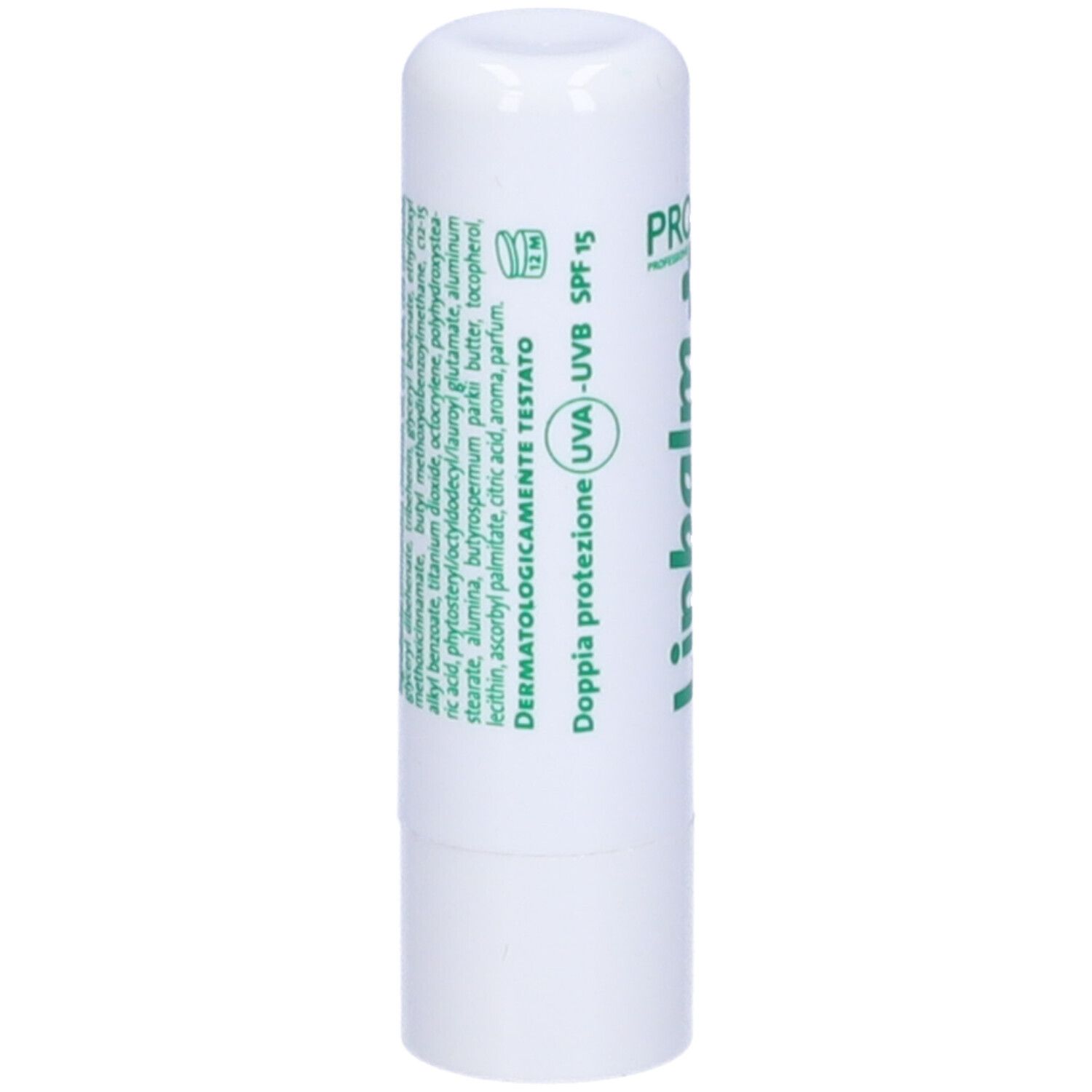 Stick di balsamo labbra bianco con testo verde. Scritta: Lipbalm, UVA-UVB SPF 15, Dermatologicamente testato. Ingredienti stampati. Marchio: Profar.