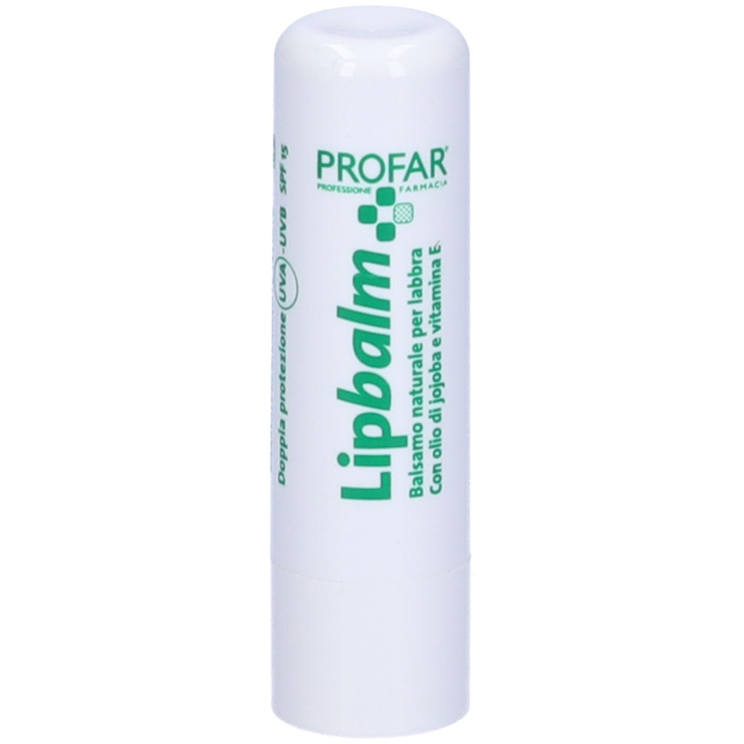 Stick di balsamo labbra bianco con testo verde. Scritta: Lipbalm, Balsamo naturale per labbra, Con olio di jojoba e vitamina E. Marchio: Profar.