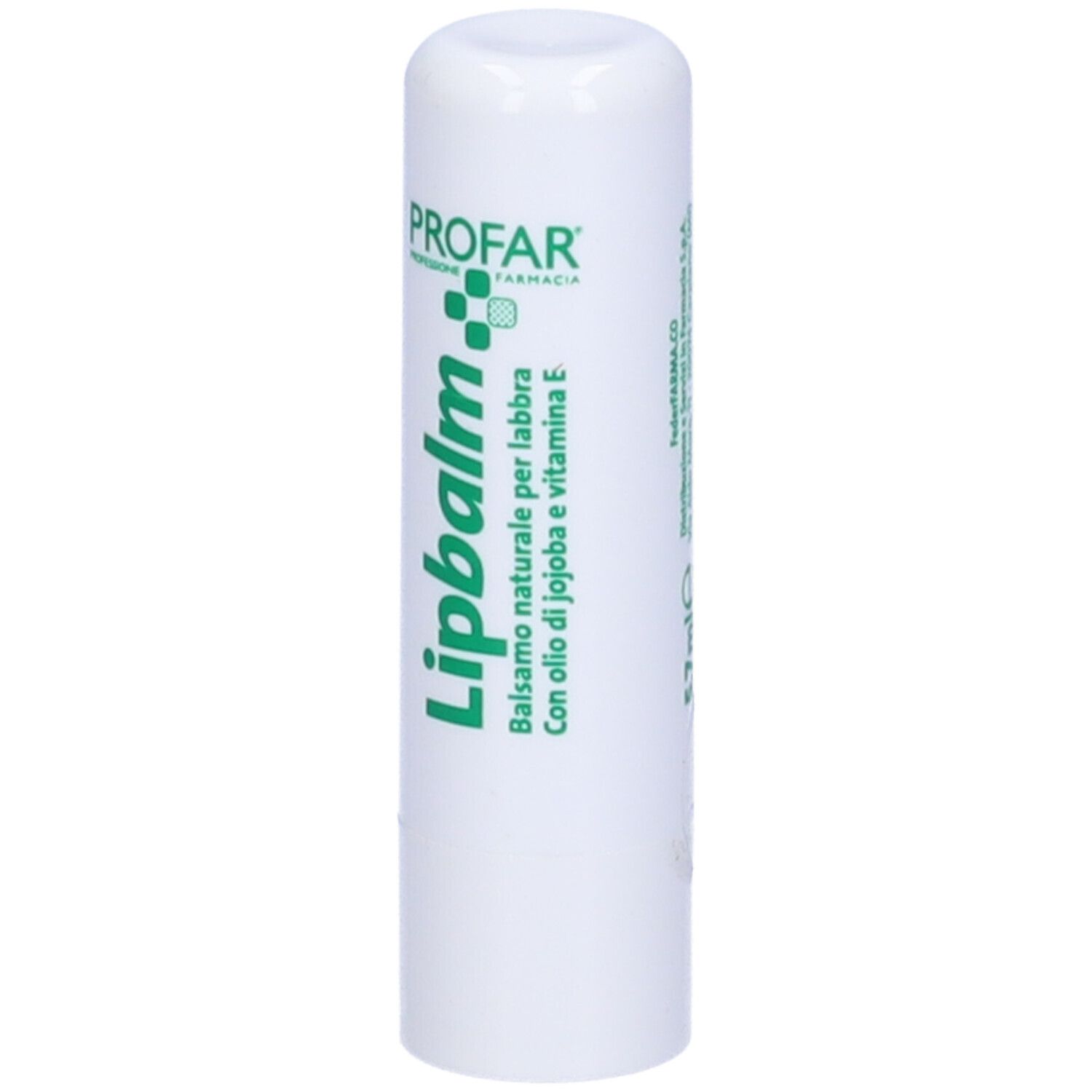 Stick di balsamo labbra bianco con testo verde. Scritta: Lipbalm, Balsamo naturale per labbra, Con olio di jojoba e vitamina E. Marchio: Profar.