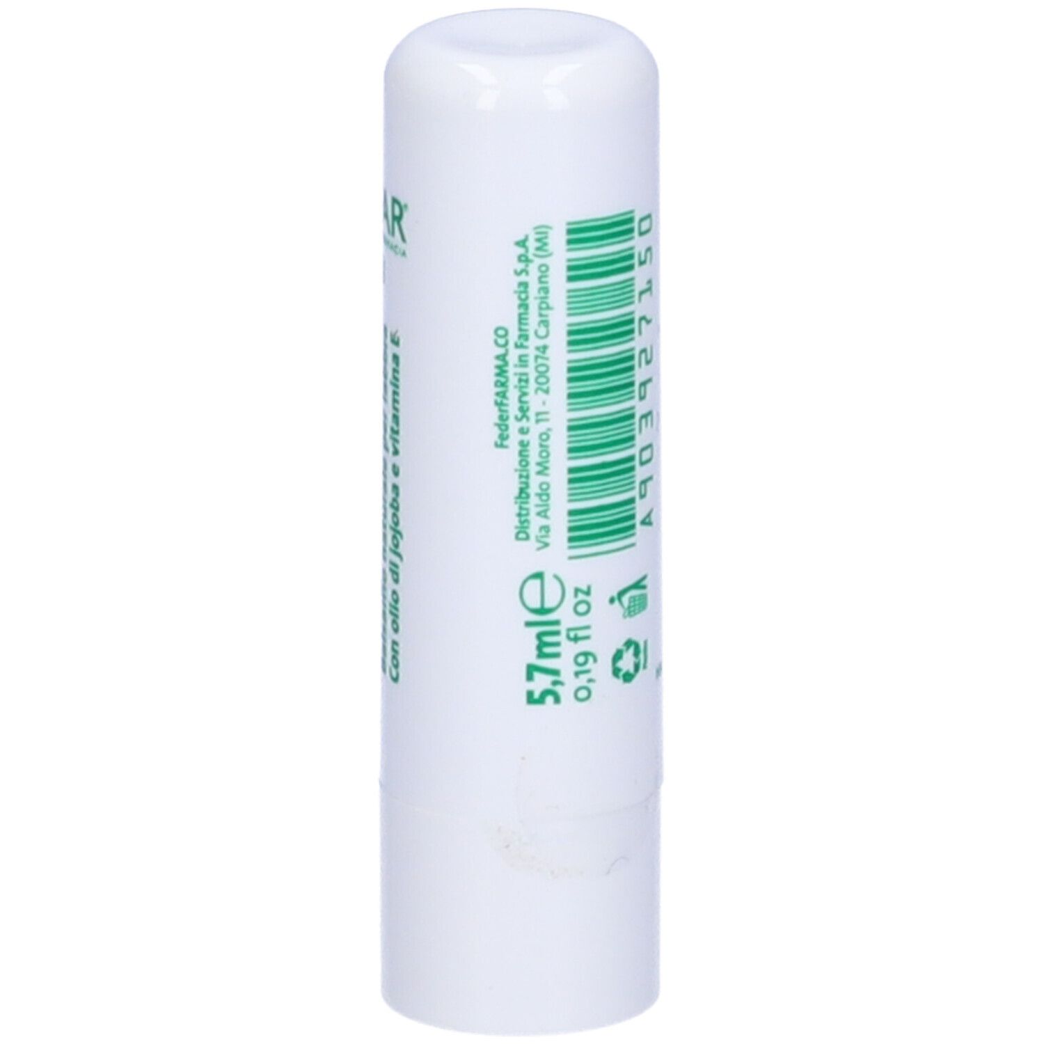 Stick di balsamo labbra bianco con testo verde. Scritta: 5,7 ml 0,19 fl oz. Indirizzo del produttore. Codice a barre. Marchio: Profar.